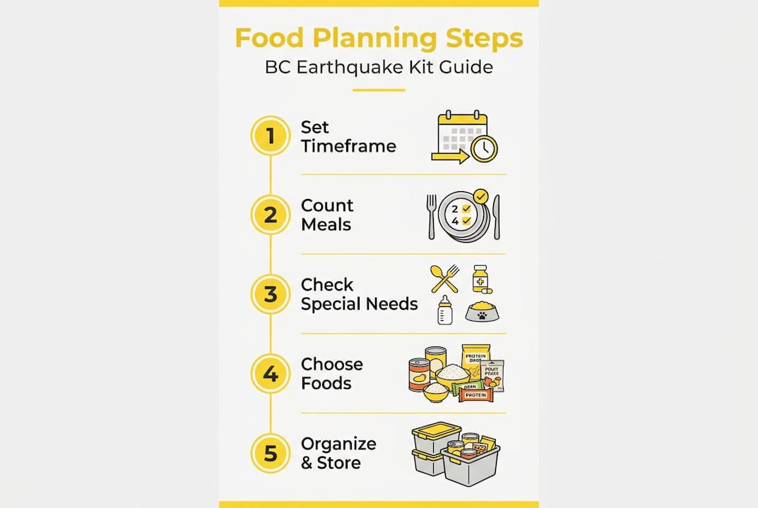 Infographic with five steps for emergency food kit