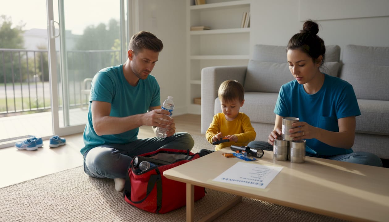 Family assembling earthquake kit in living room