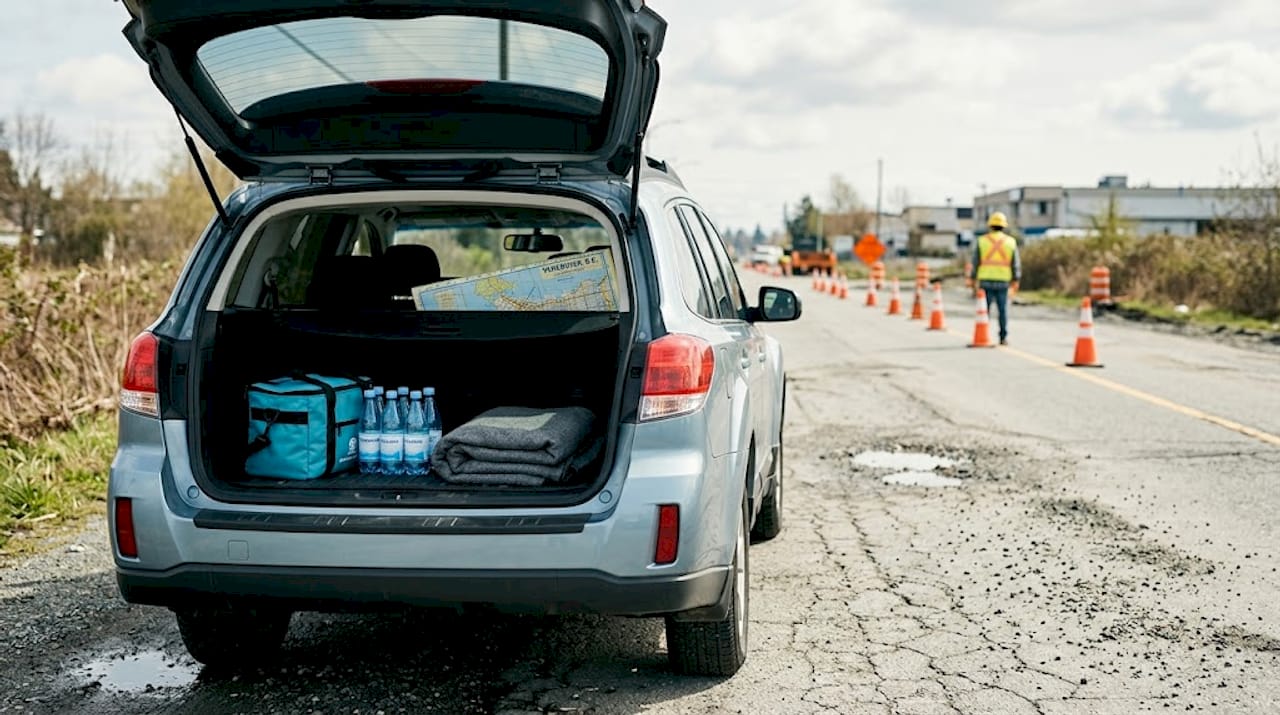 Station wagon with emergency kit on damaged roadside