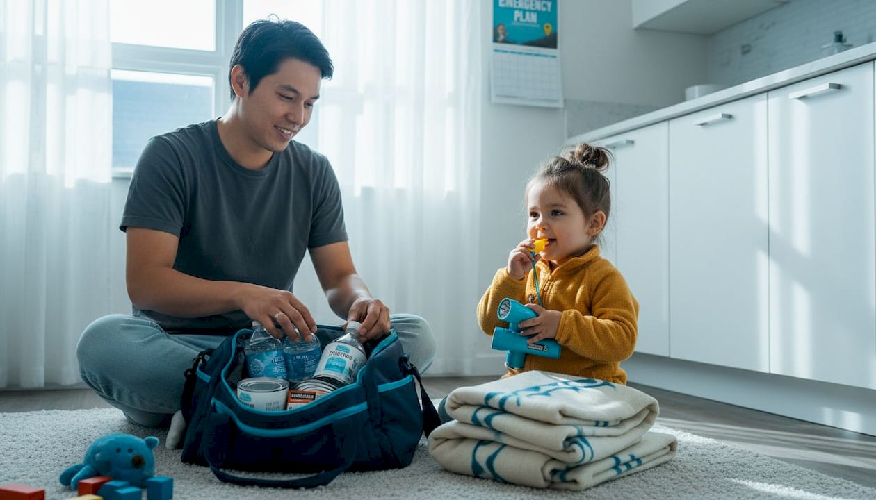 Family preparing earthquake emergency kit
