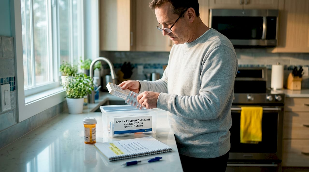 Man rotating prescription meds in kitchen emergency kit