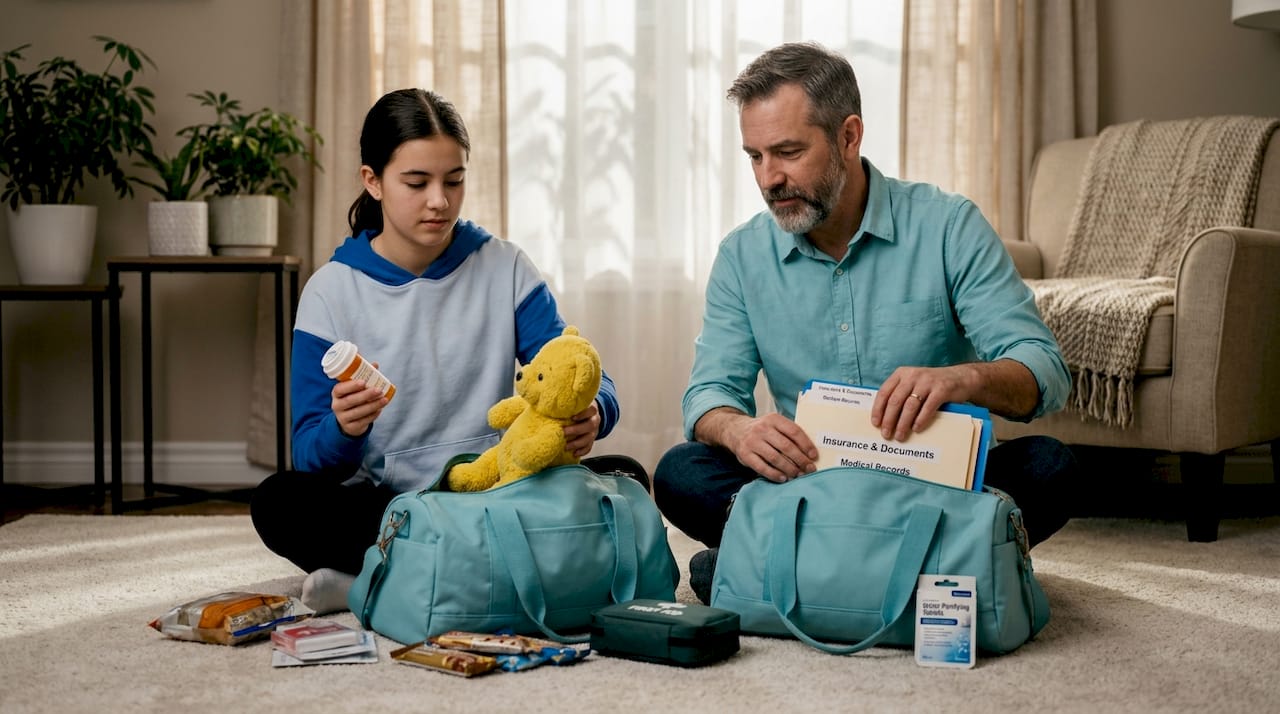 Family preparing earthquake kits in lived-in living room