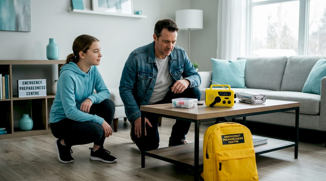 Family practicing earthquake drill in kitchen