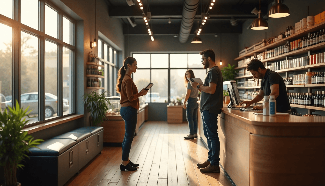 Bright modern cannabis dispensary with staff and customers interacting