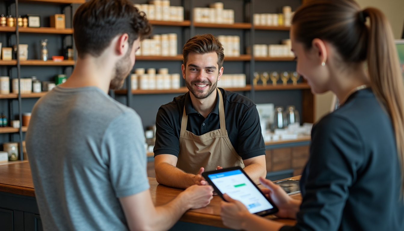 Staff assist customer at dispensary counter with digital info screen