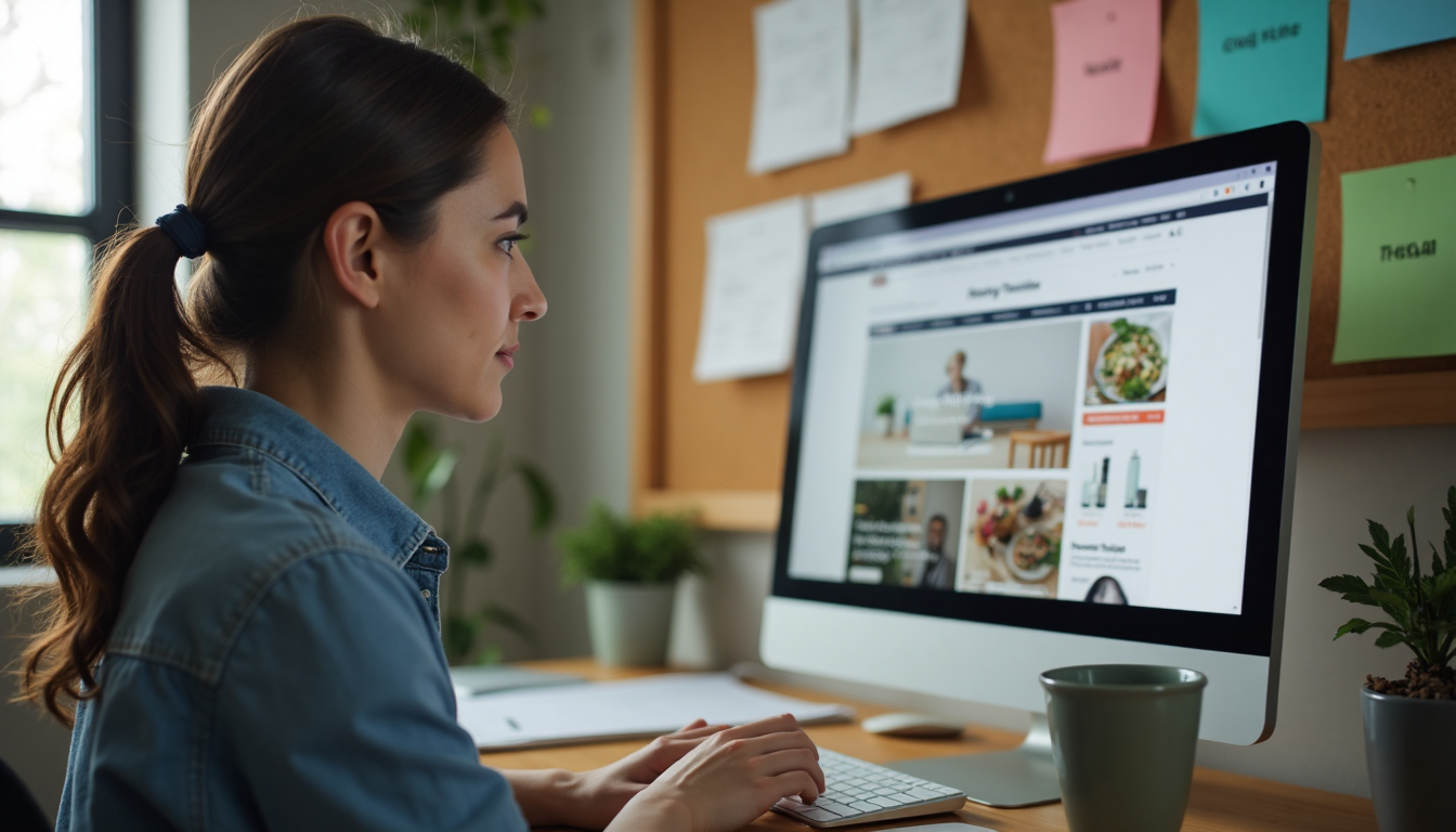 Ecommerce manager analyzing product page structure on laptop