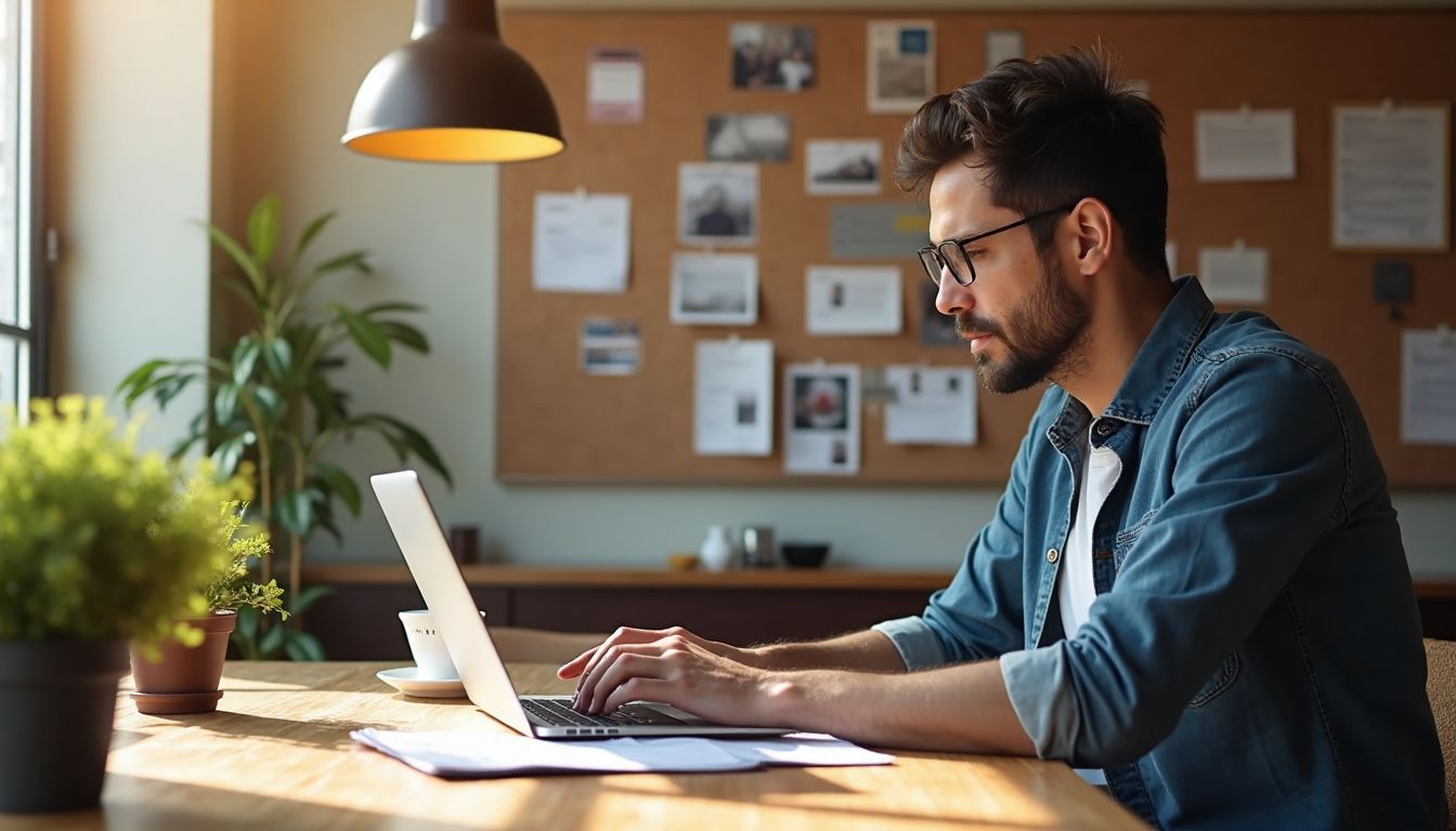 Entrepreneur researching link opportunities in bright café setting
