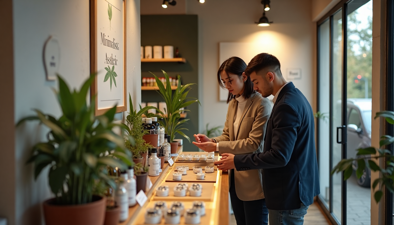 Customers exploring minimalist product displays in a bright dispensary