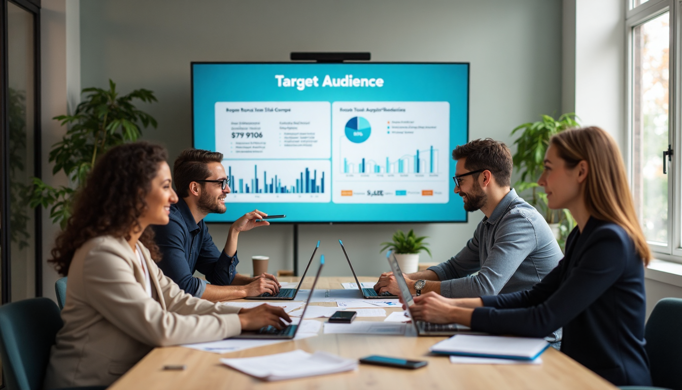 Team meeting with target audience text on presentation slide