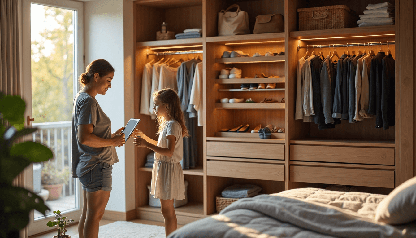 Mom and daughter using smart closet system in modern home