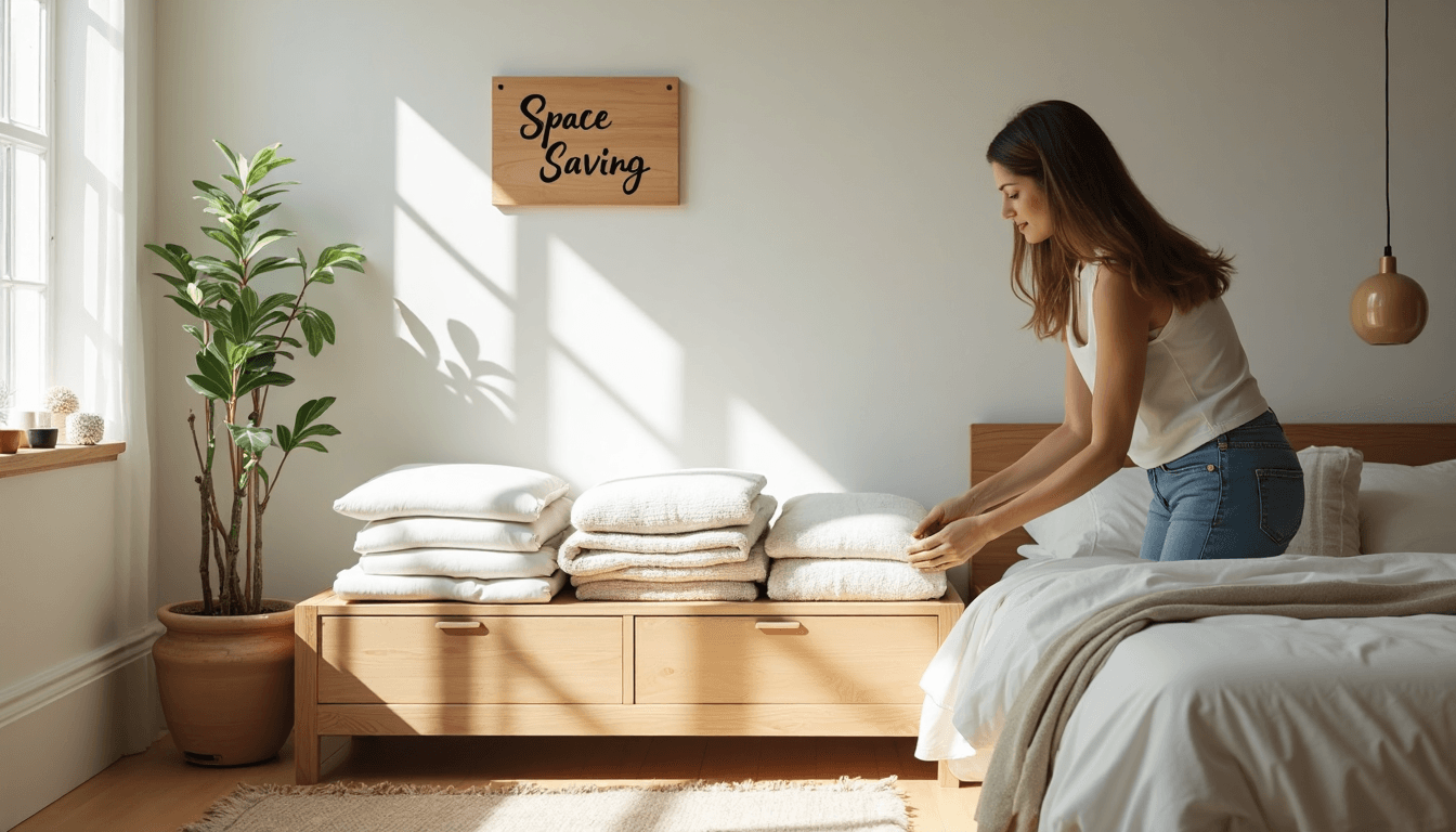 Woman storing blankets in a bedroom bench labeled space saving