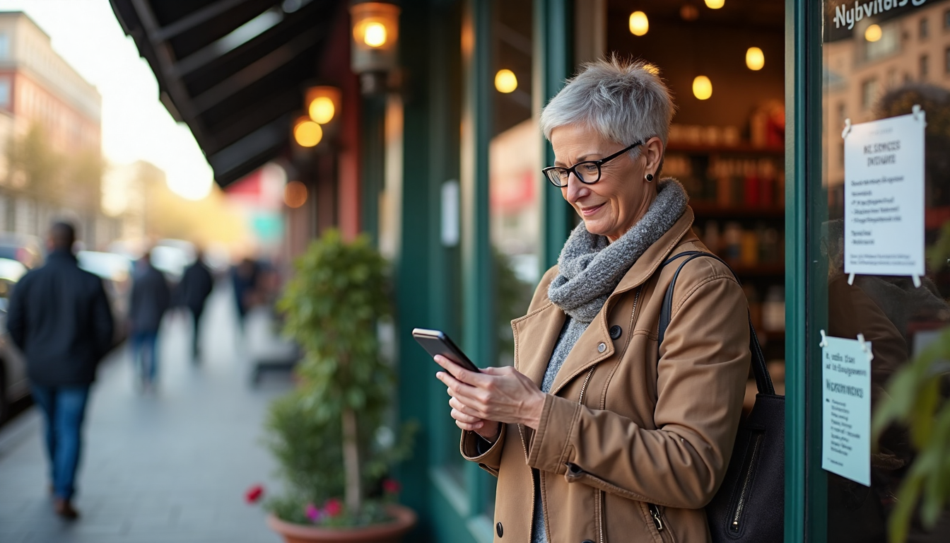 Small business owner with smartphone by shop with 'Community Engagement' flyer
