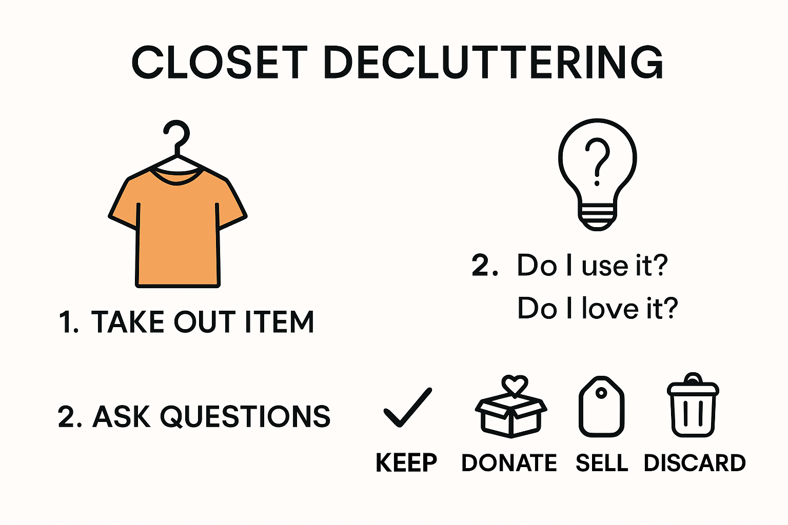 Closet decluttering steps and sorting infographic
