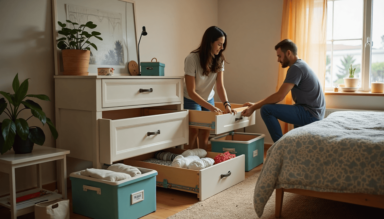 People customizing vintage suitcase and drawers for DIY under-bed storage
