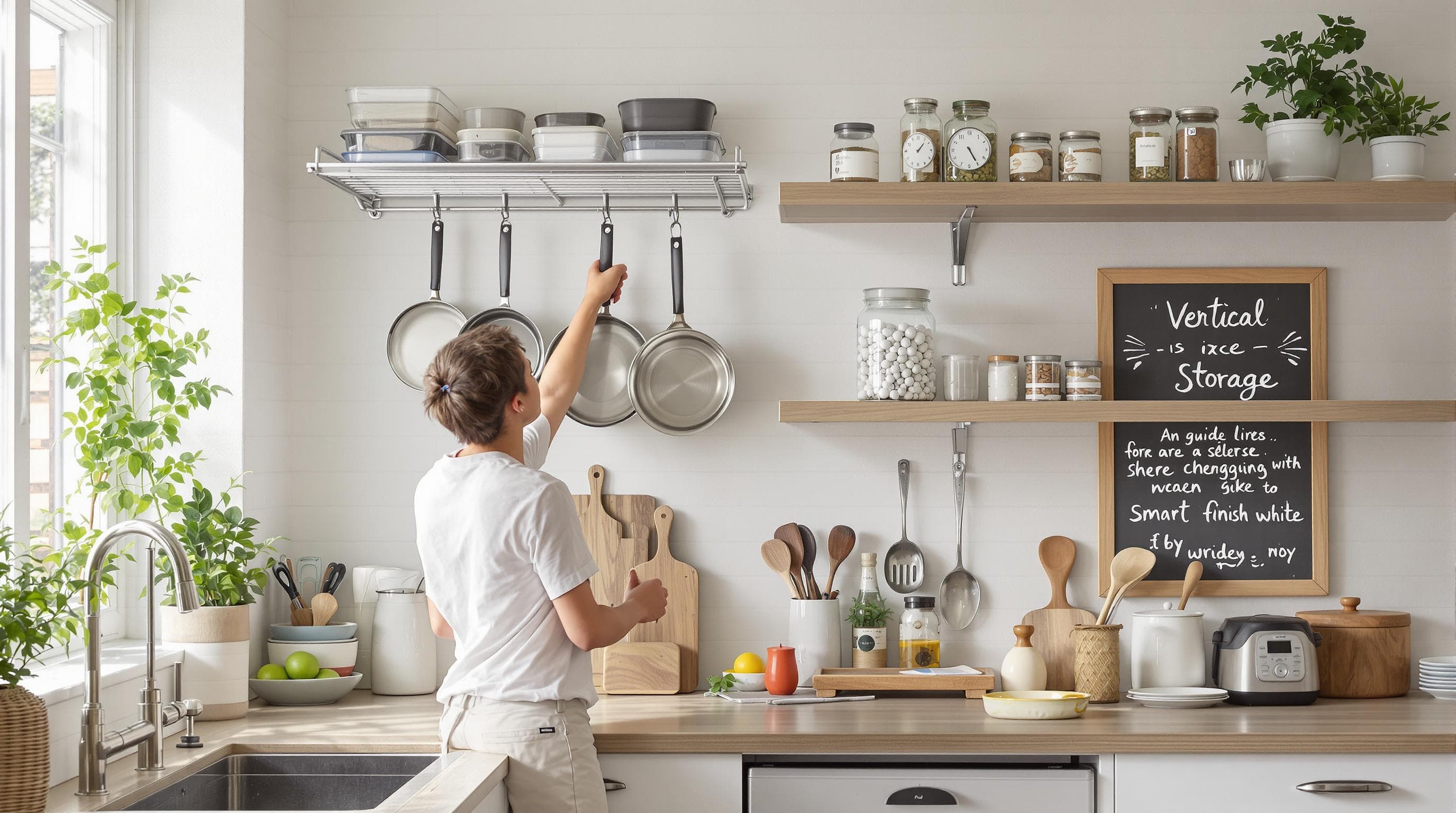 Young adult organizes cookware on wall racks in a bright small kitchen