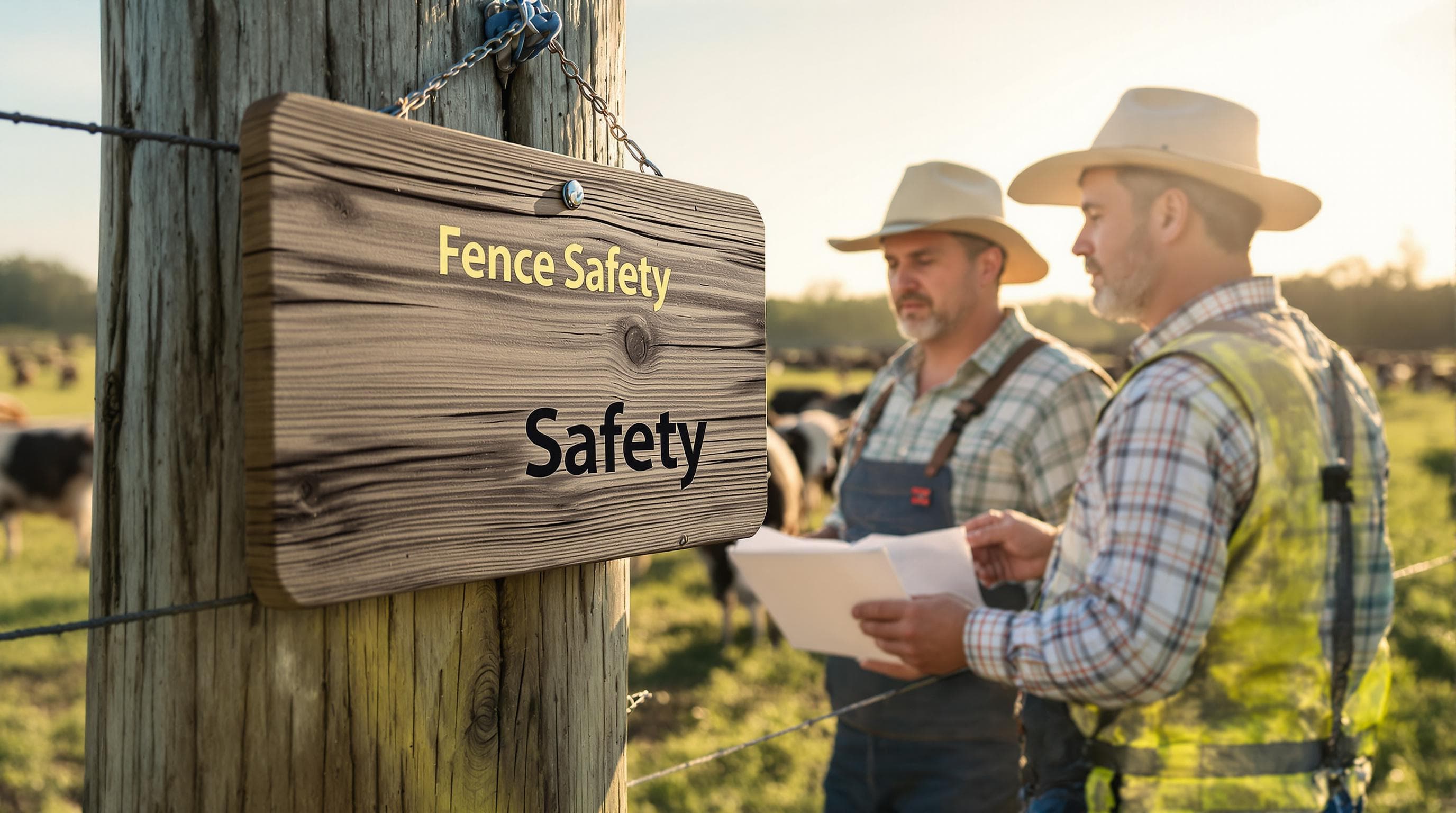 Farmers inspecting electric fence and warning sign at sunrise