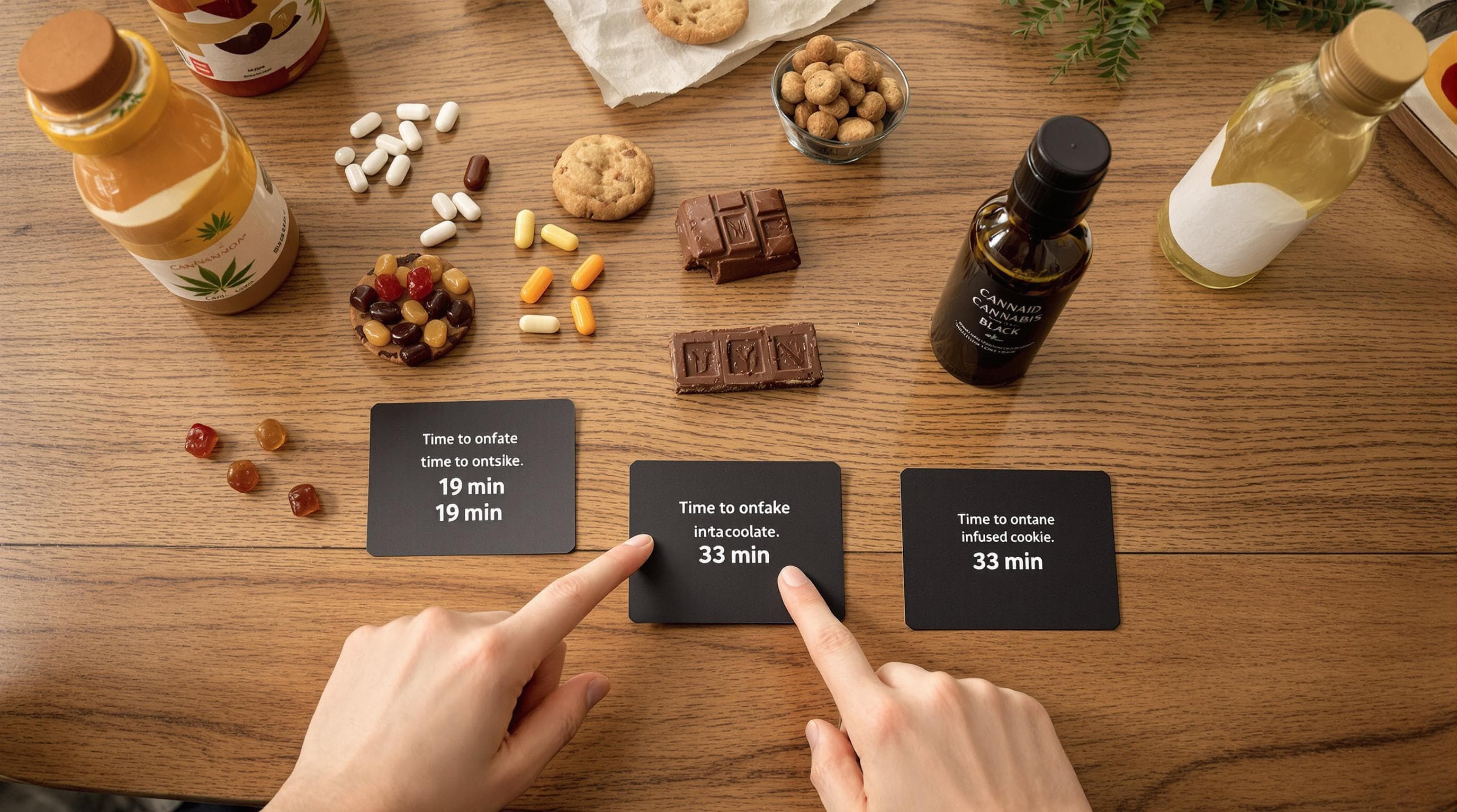 Assorted cannabis edibles with onset times and hand pointing at product.