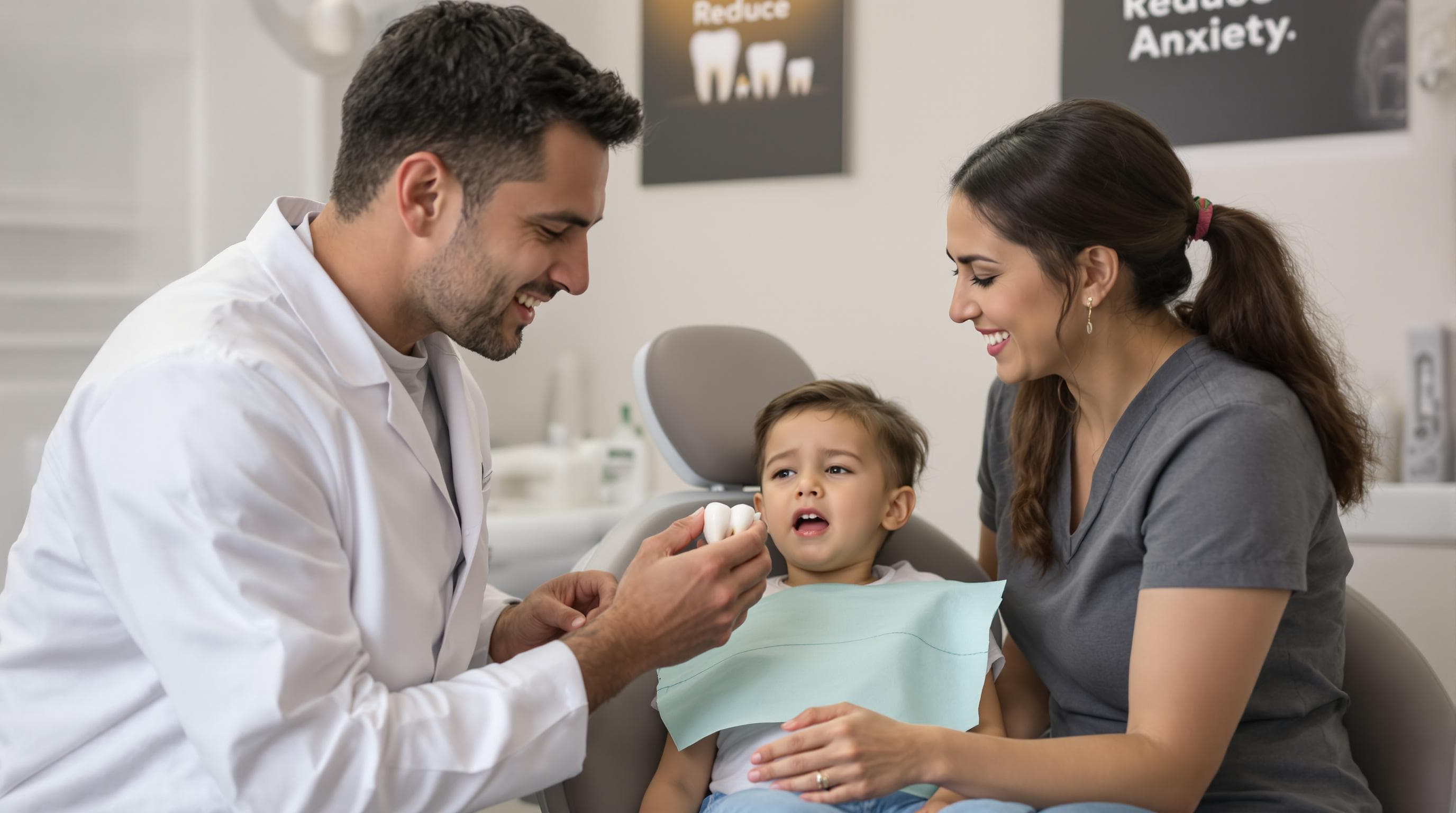 Dentist and parent support anxious child in dental chair