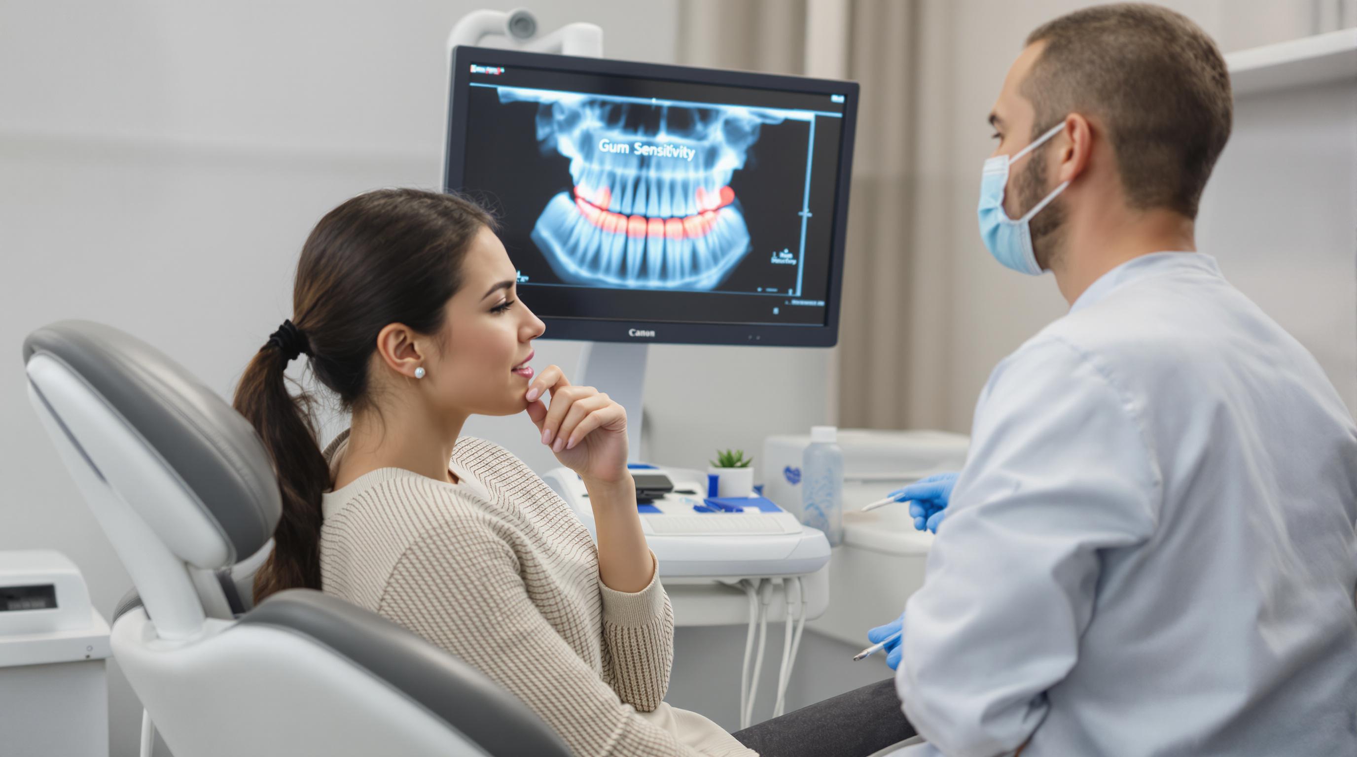 Patient shows oral discomfort at dentist office with gum chart
