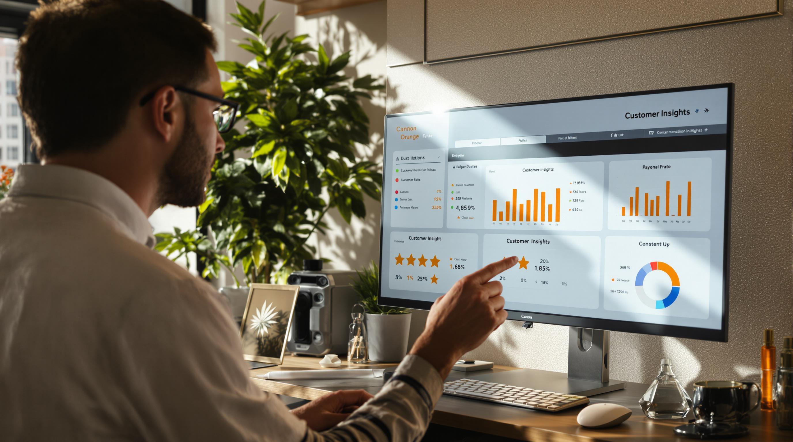 Dispensary team analyzing reviews dashboard labeled Customer Insights, collaborative office setting