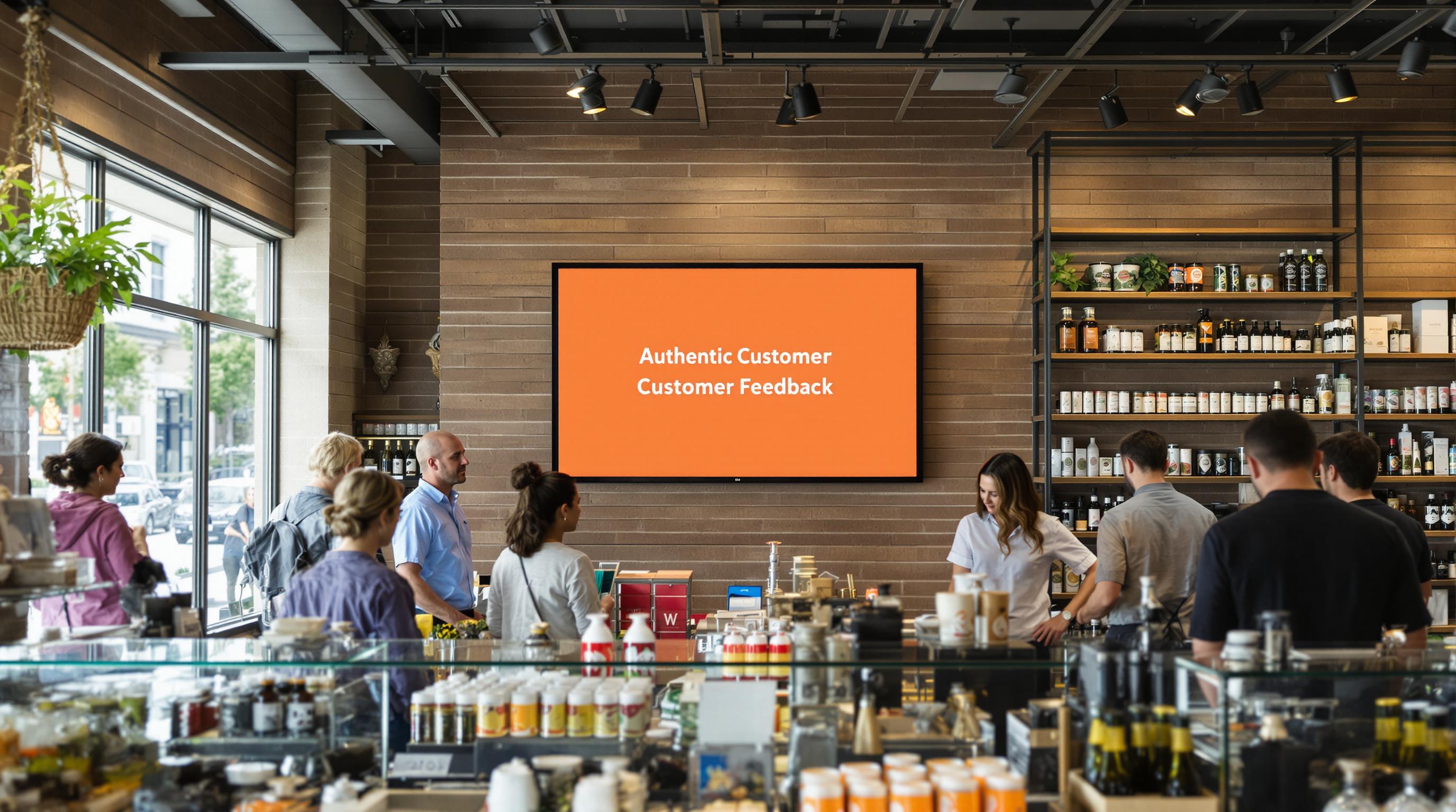 Modern cannabis retail store with customers and staff, digital screen shows 'Authentic Customer Feedback'