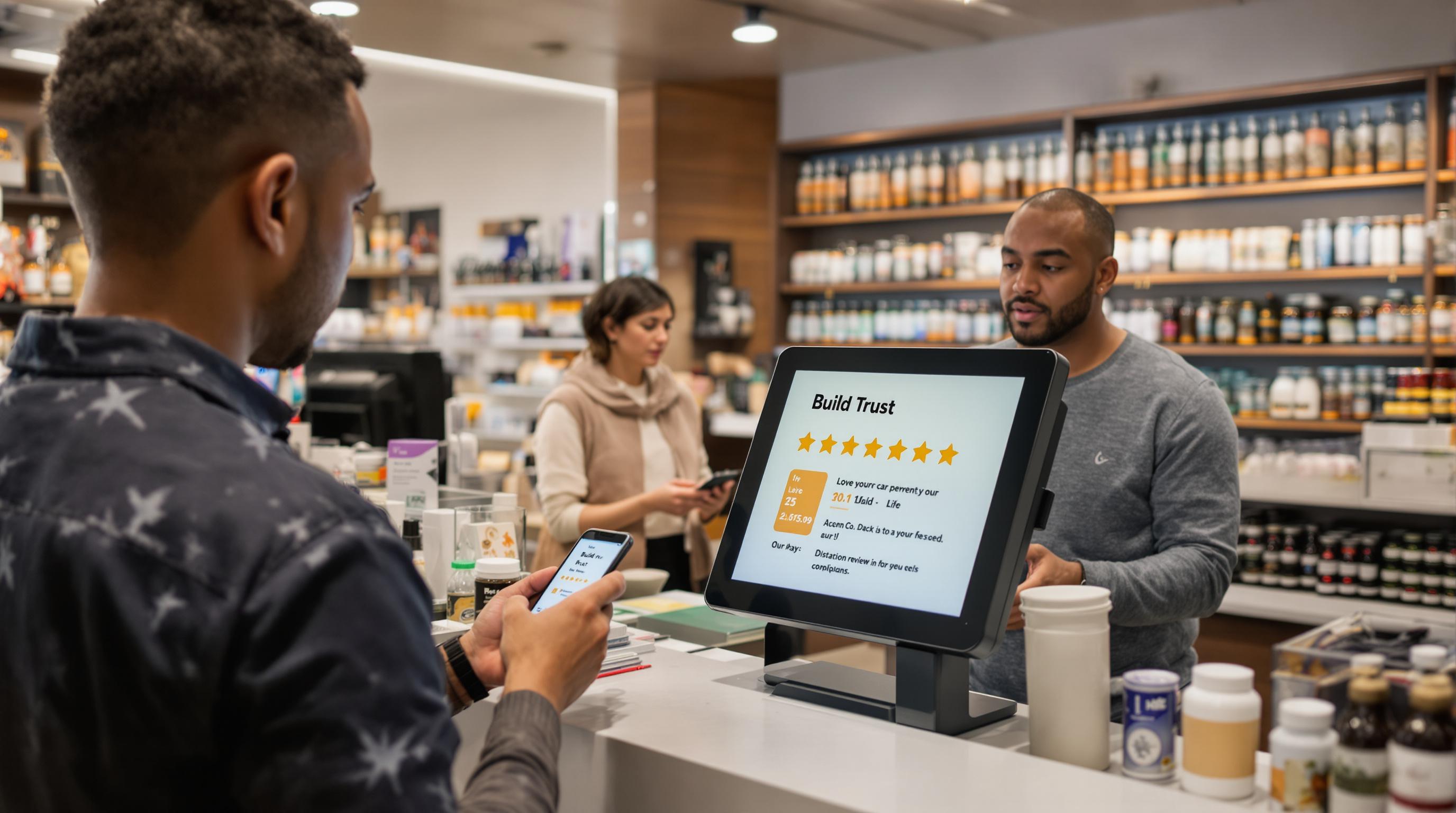 Customer leaving cannabis product review at store kiosk, 'Build Trust' text on screen