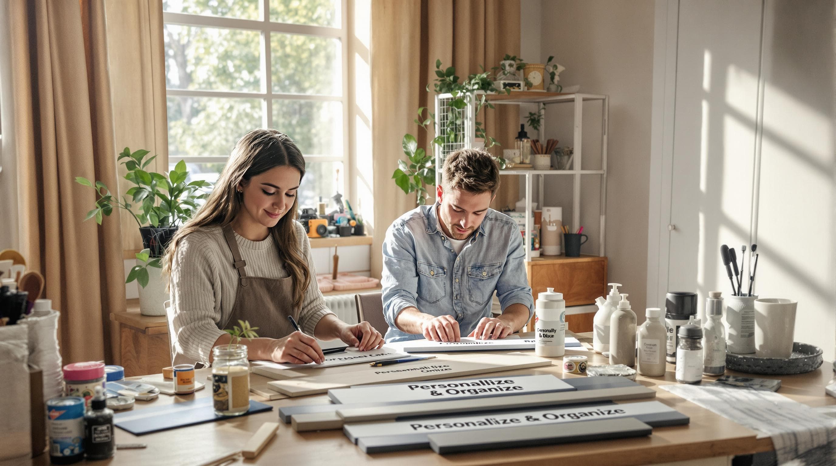 Craft workspace with people making and labeling closet dividers