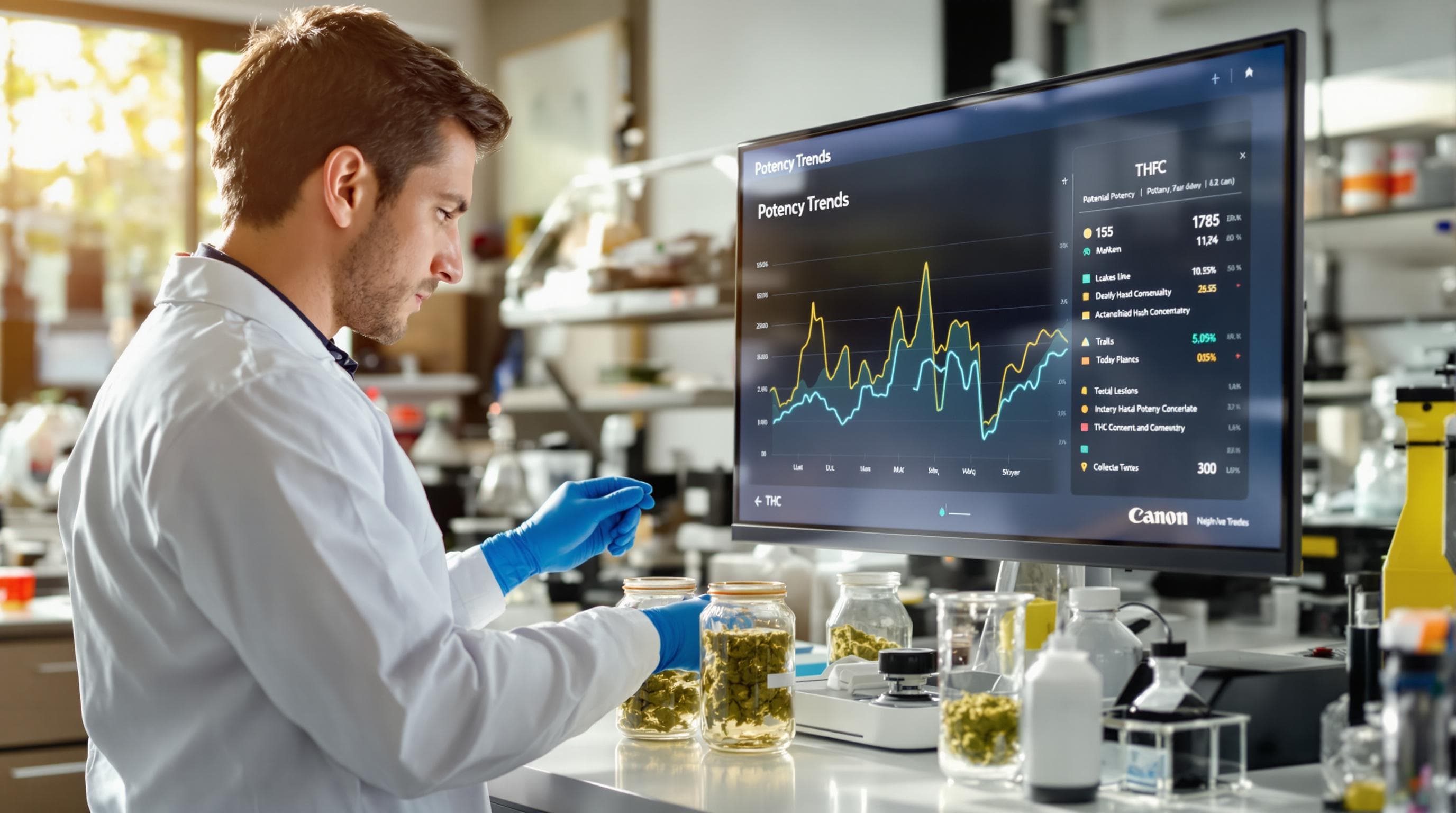 Cannabis lab technician compares hash jars with potency trends chart on screen