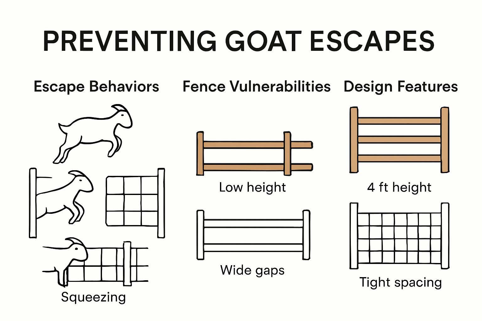 Infographic showing goat escape behaviors and fencing solutions