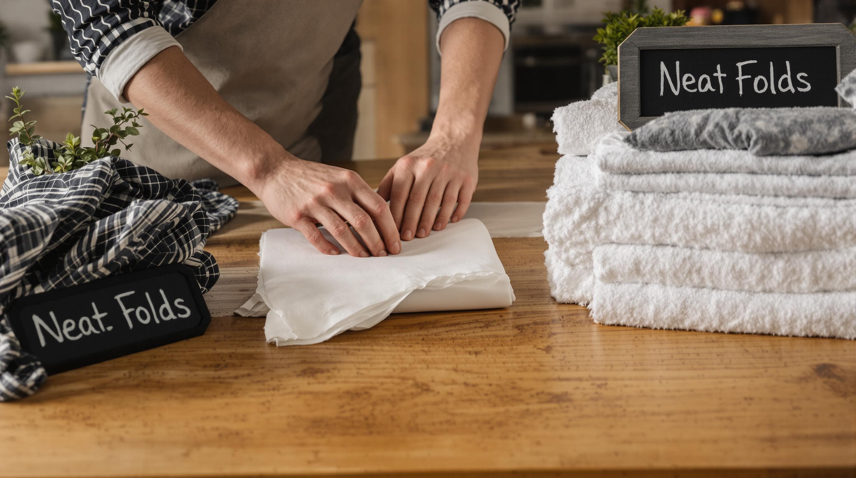 Person folding towels and sheets into tidy piles with Neat Folds sign
