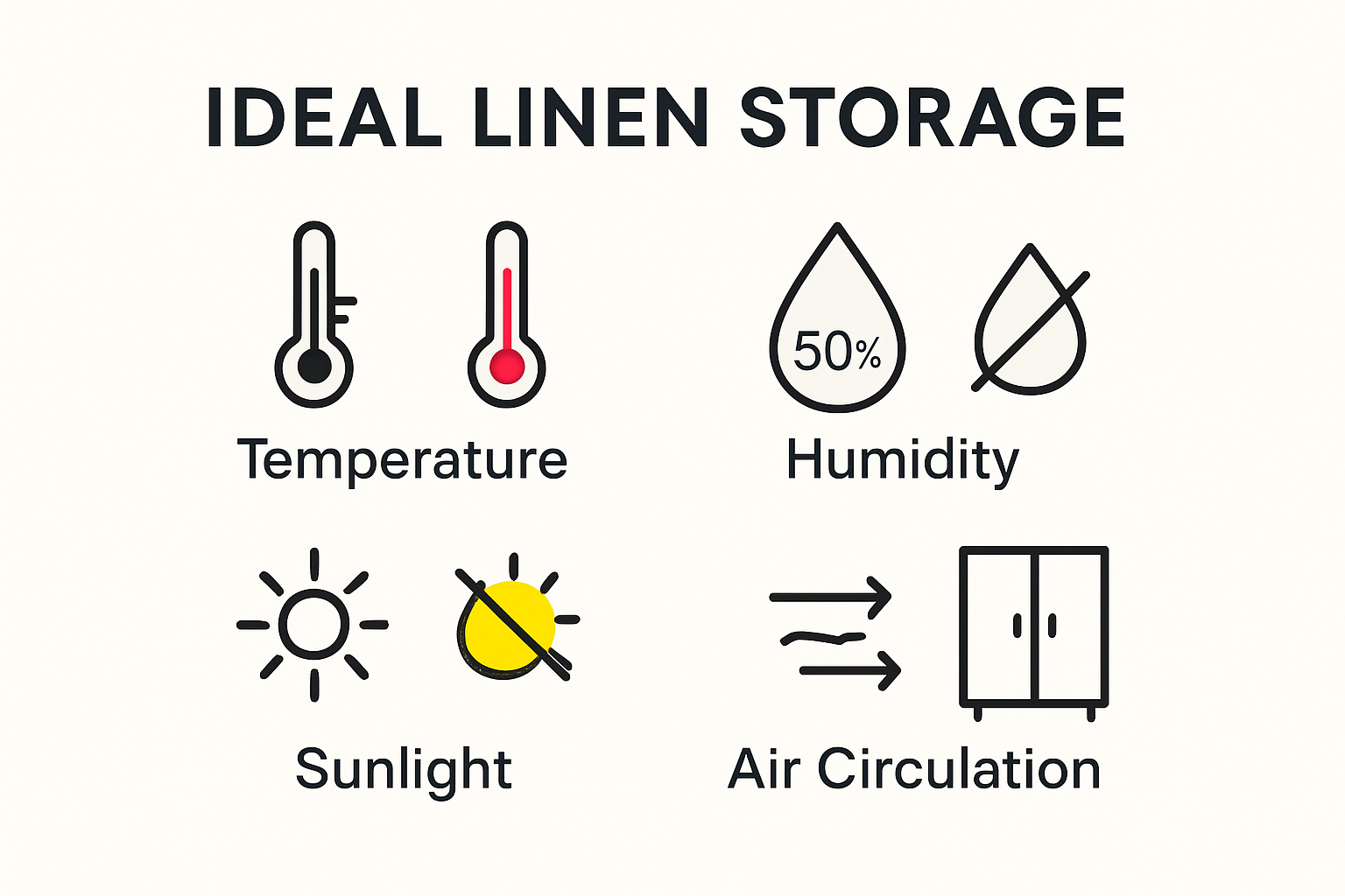 Infographic showing optimal linen storage environment conditions