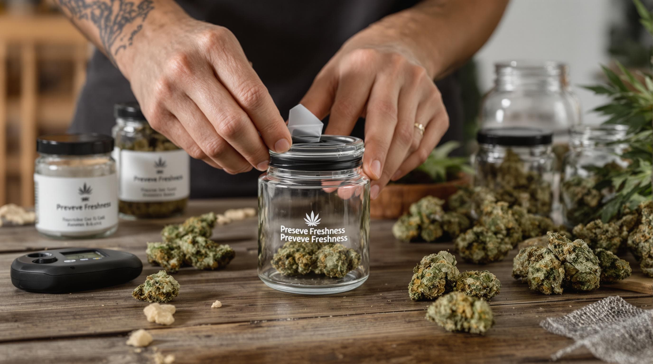 Hands using glass jars and humidity packs to store cannabis