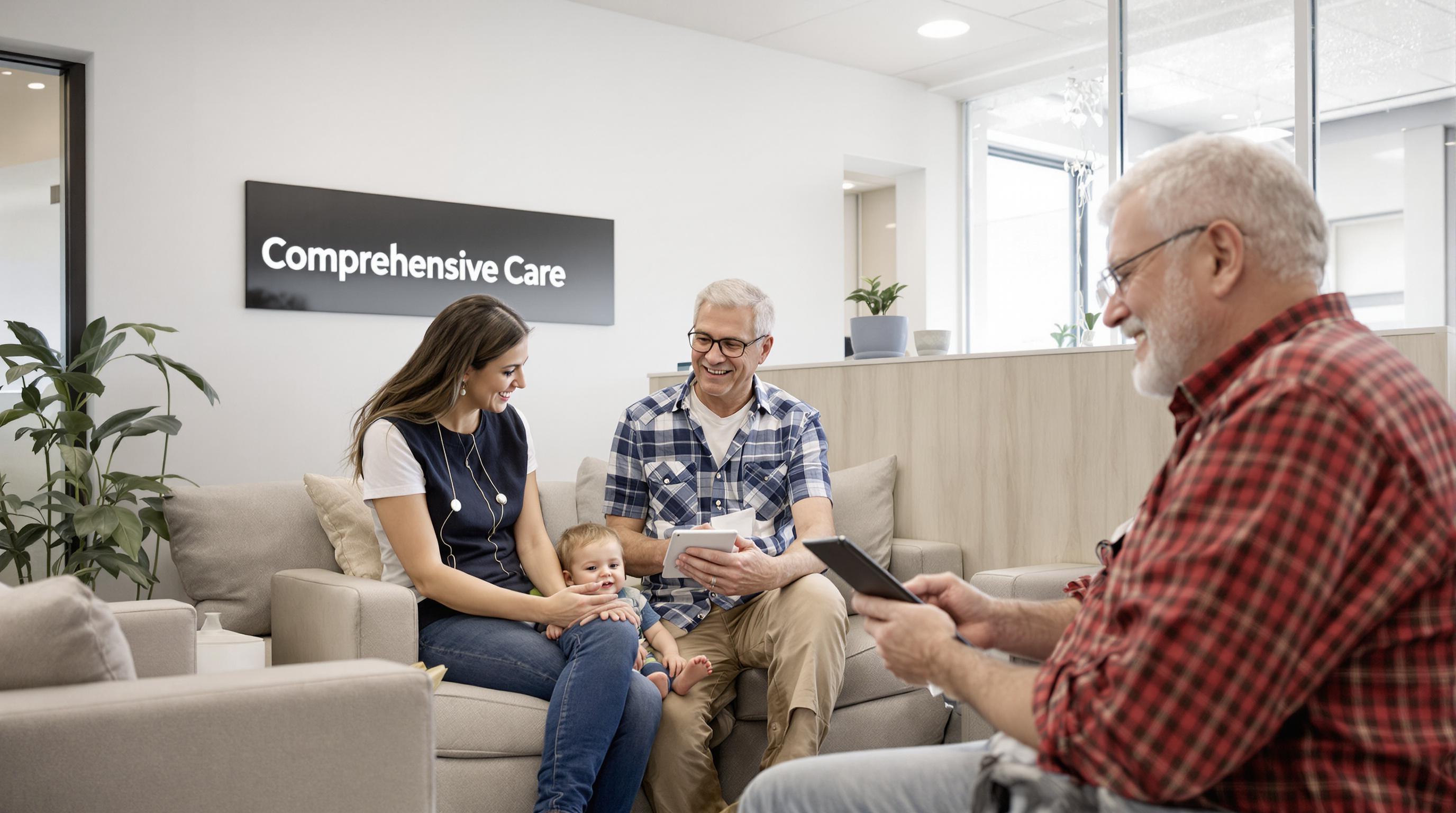 Family spanning generations together in clinic waiting room with friendly staff