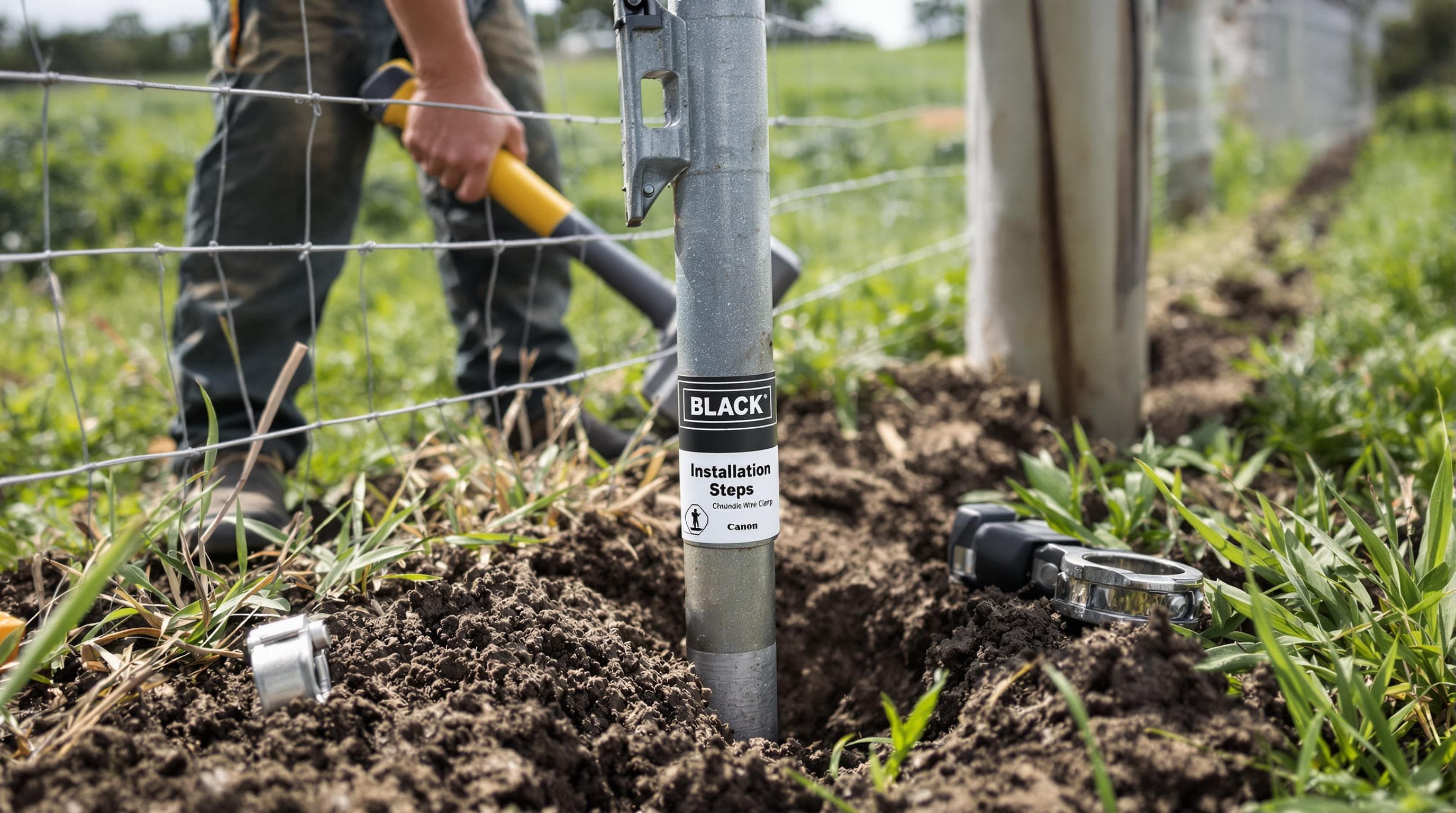 Farm worker drives a ground rod into moist earth next to fence