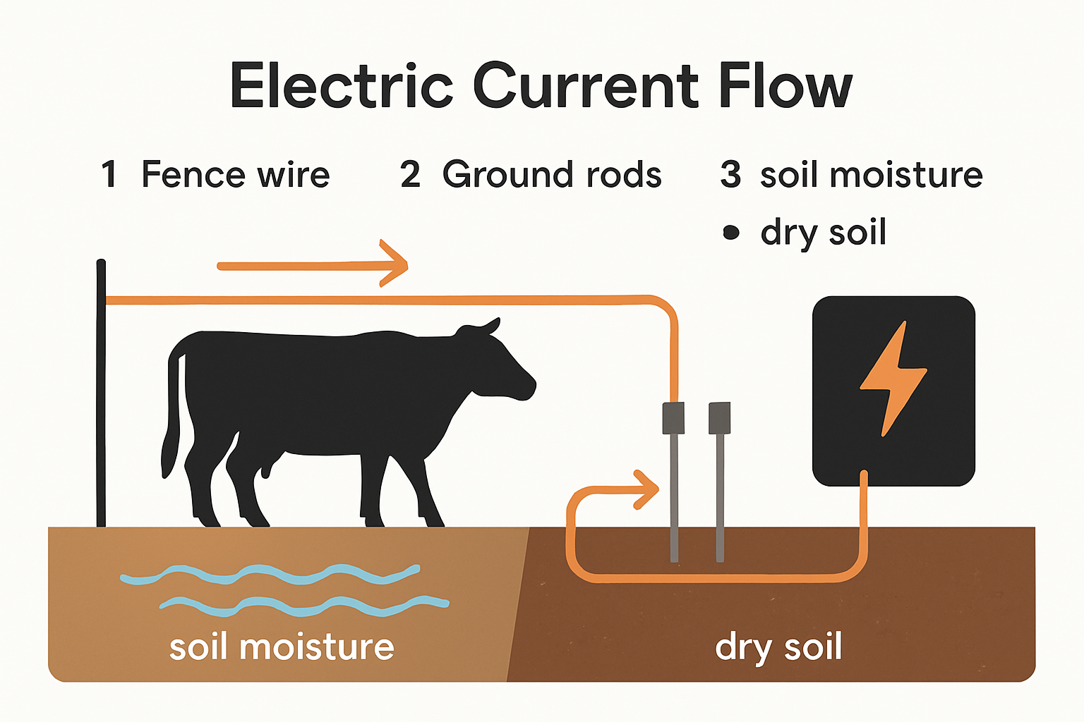 Illustration of electric fence grounding process and soil conductivity