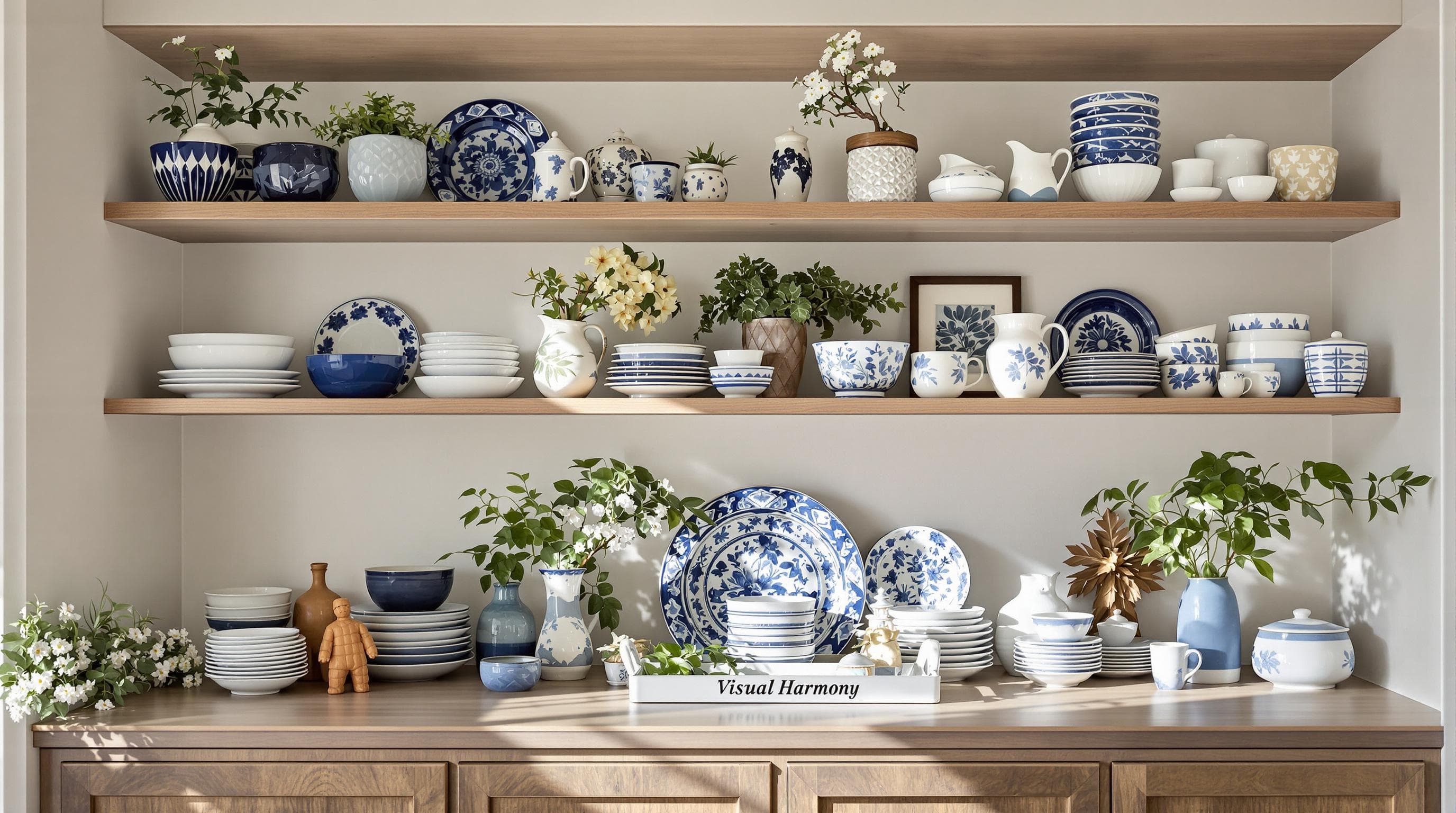 Hands arranging color-coordinated ceramics on open kitchen shelves