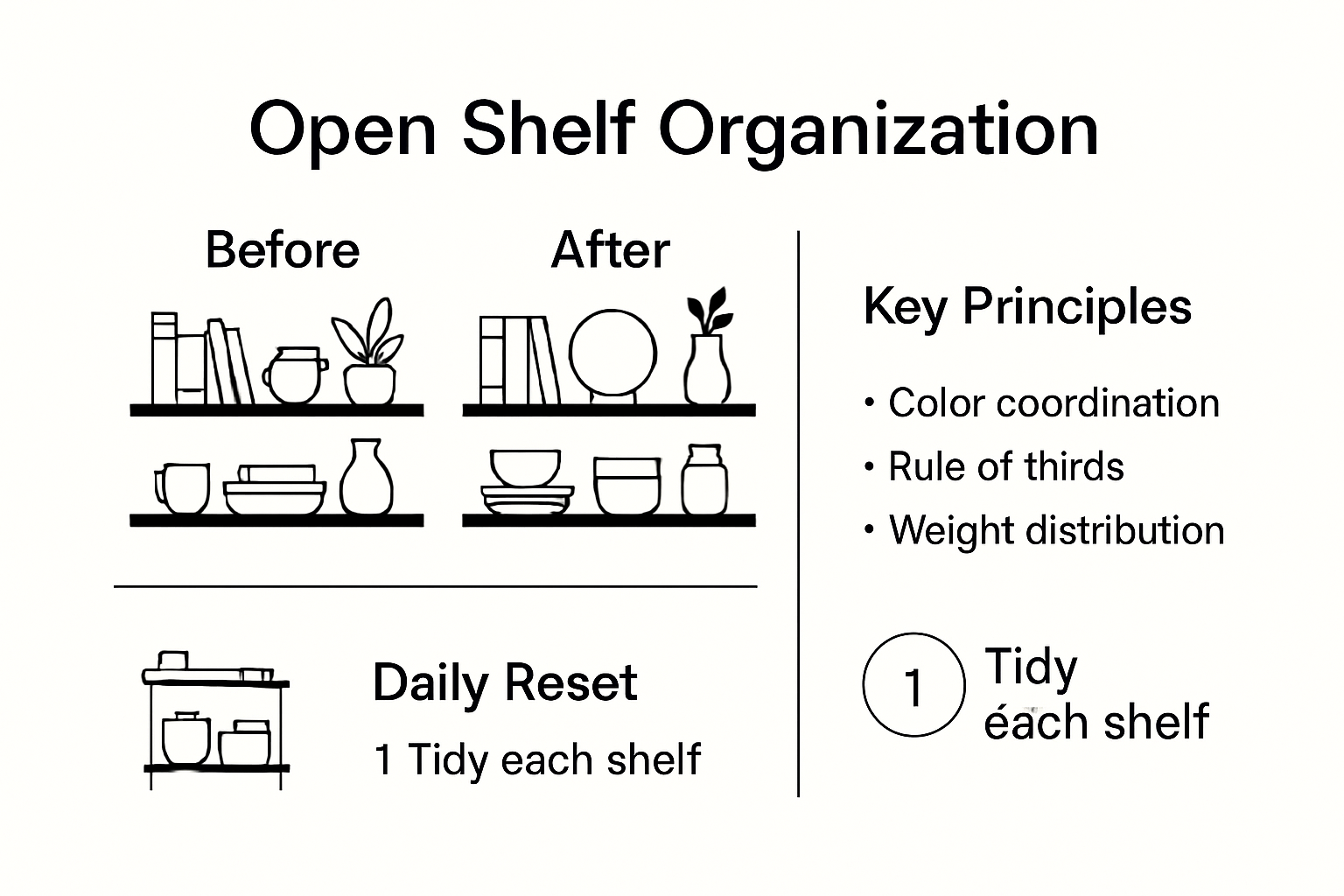 Visual summary of open shelving organization principles and examples