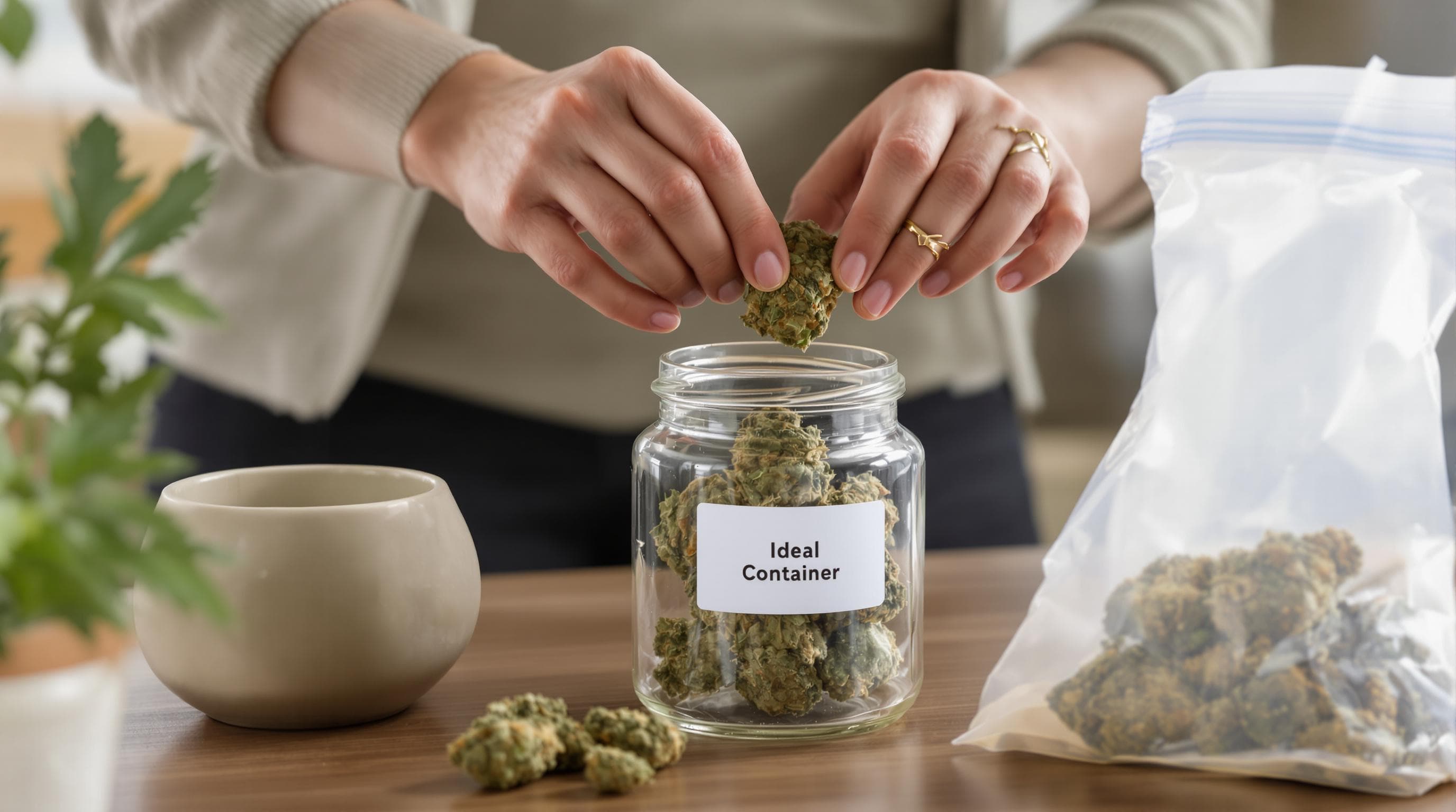 Hands placing cannabis in glass jar labeled Ideal Container