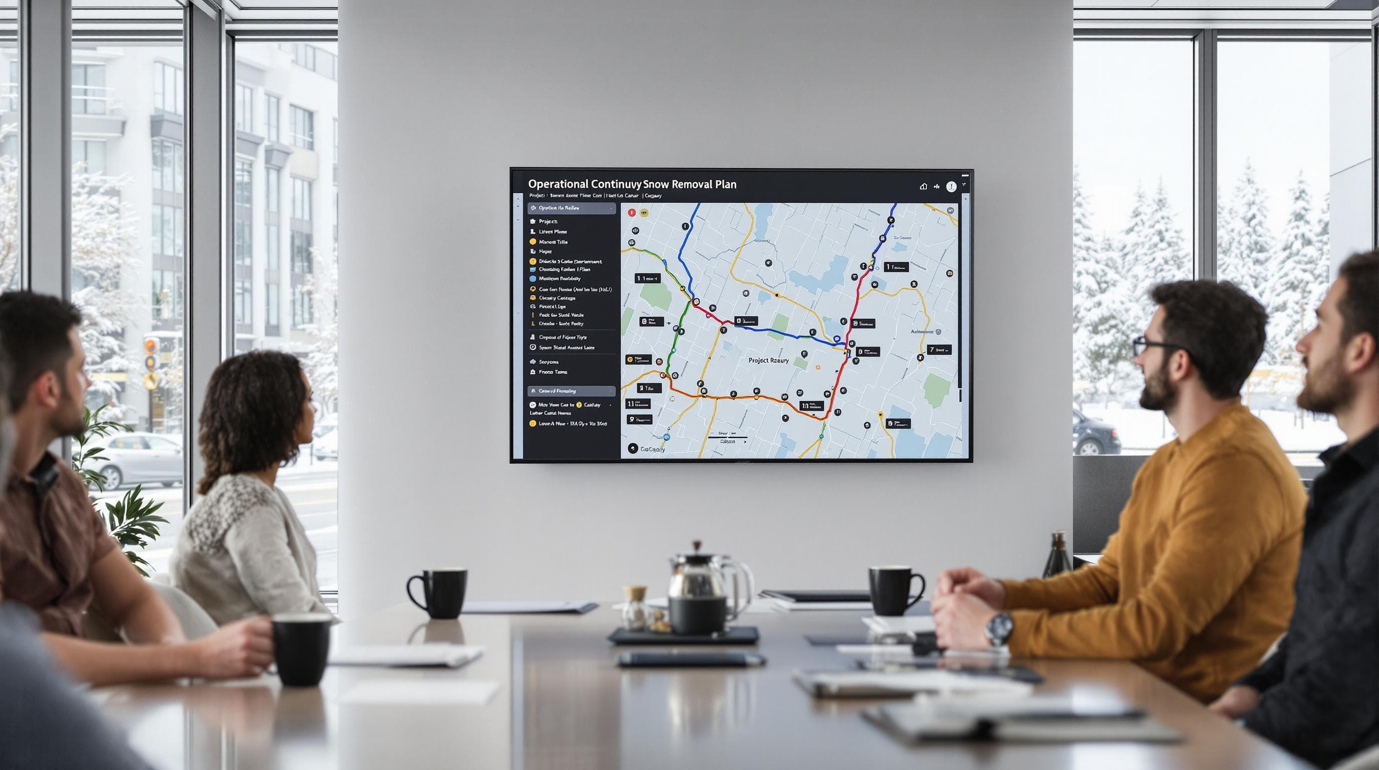 Office team reviews snow removal plan for winter continuity