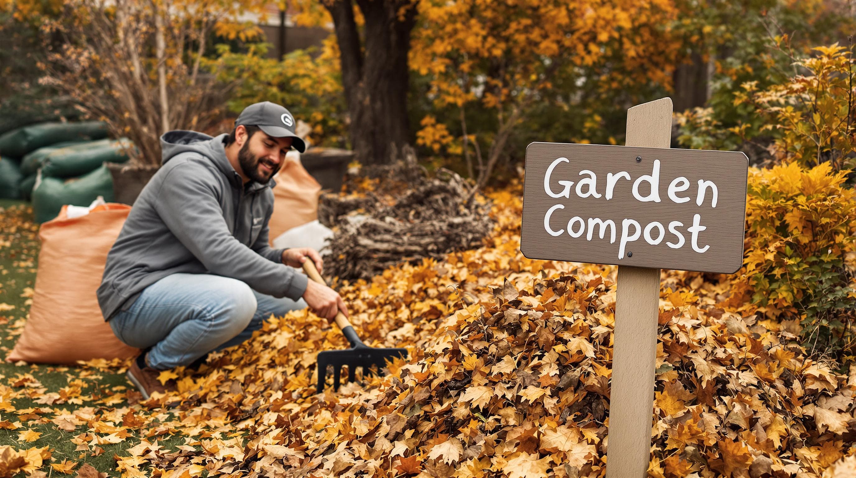 Calgary resident mixing compost pile with garden waste in autumn