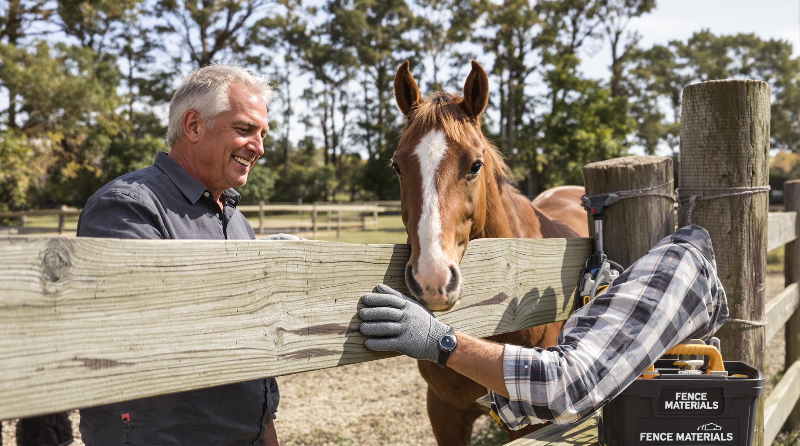 Owner inspects wooden horse fence for safety as horse looks on