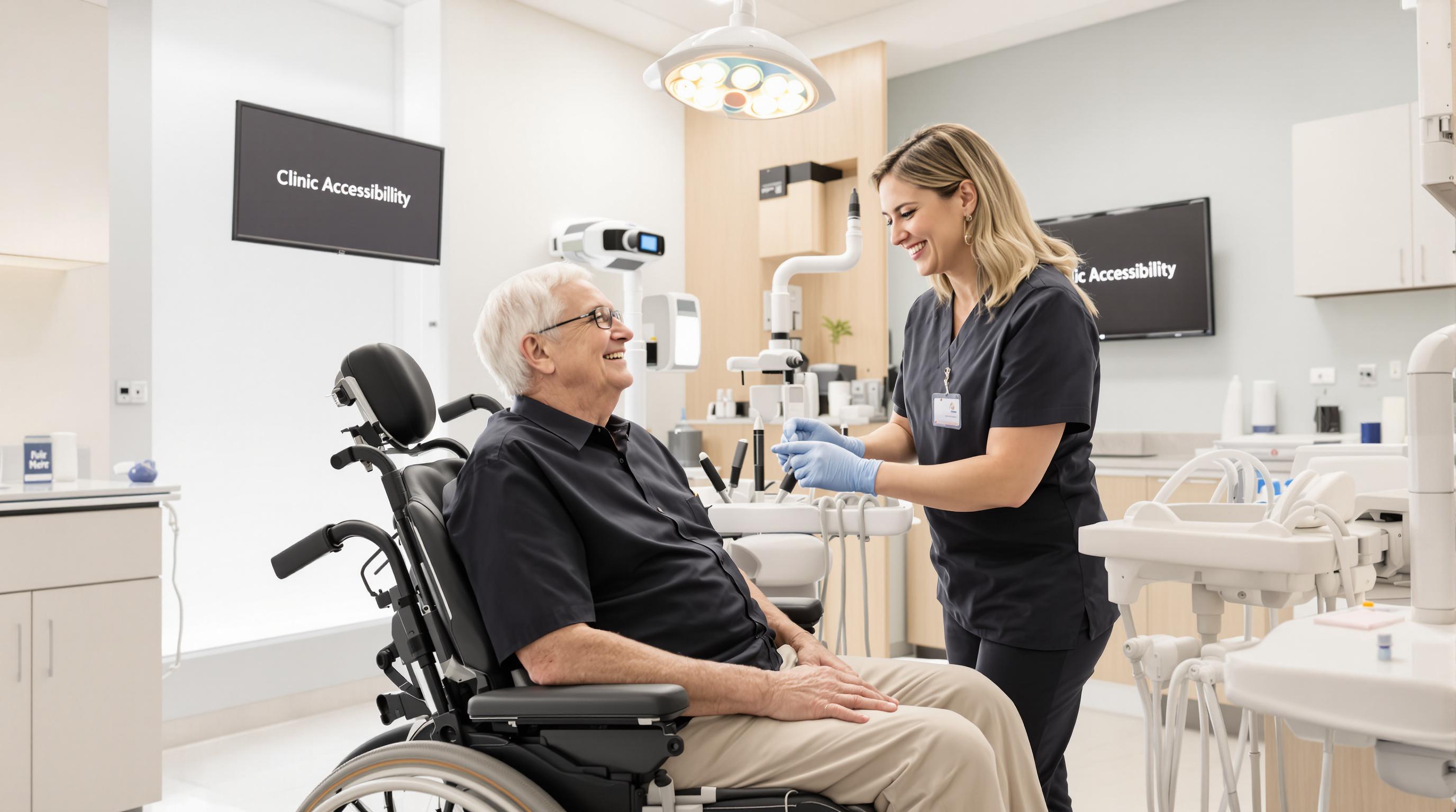 Senior in wheelchair receives care in accessible dental room