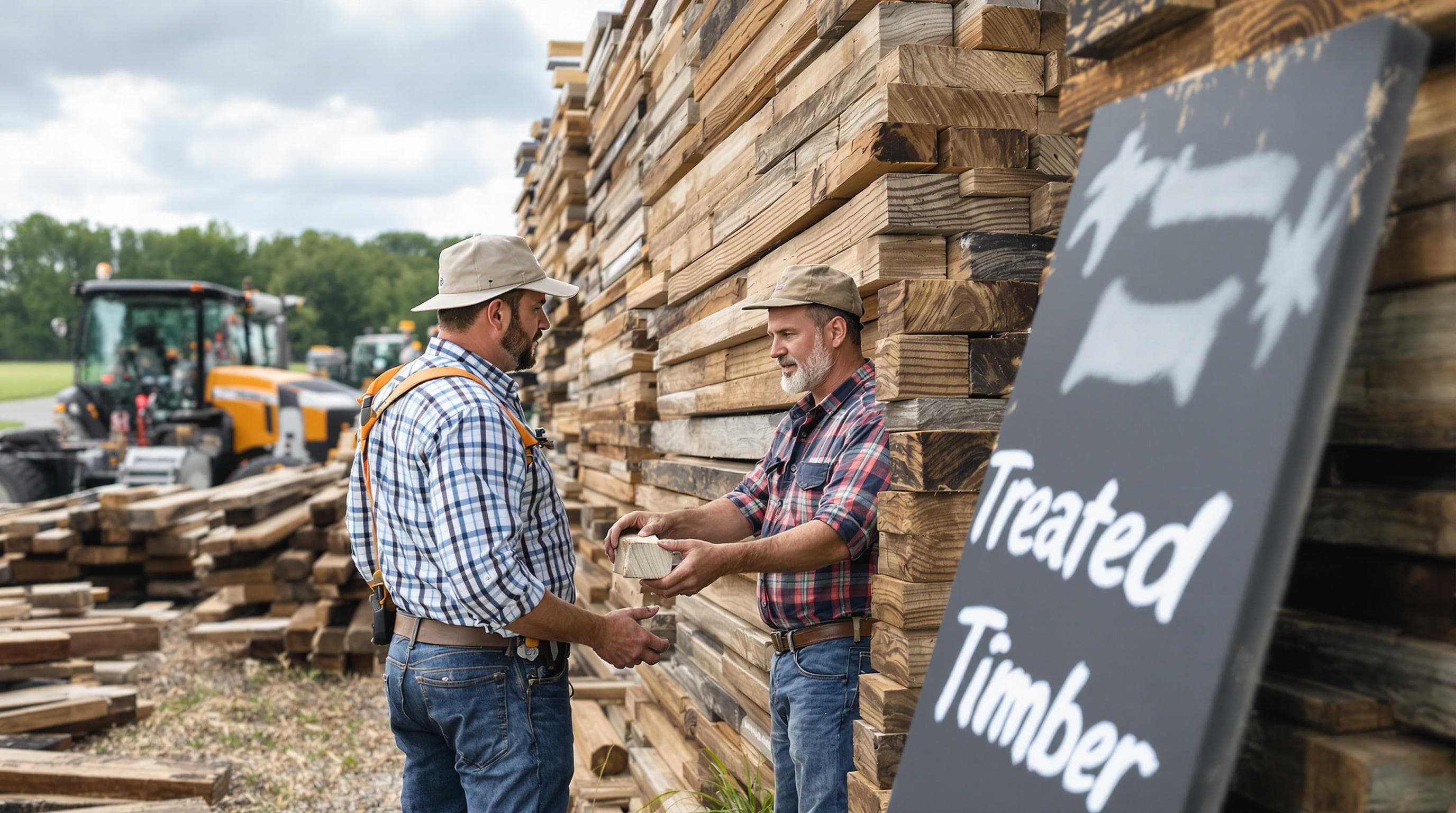 Contractor and farmer inspecting treated timber for fencing in rural yard