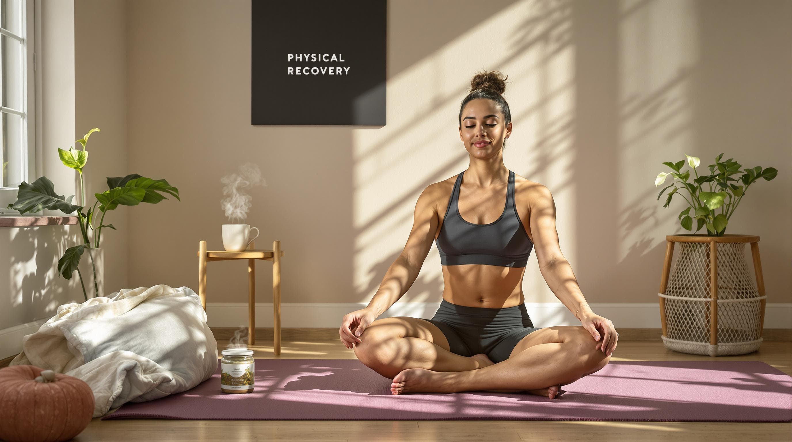 Person stretching post-workout with CBD flower jar and tea for recovery