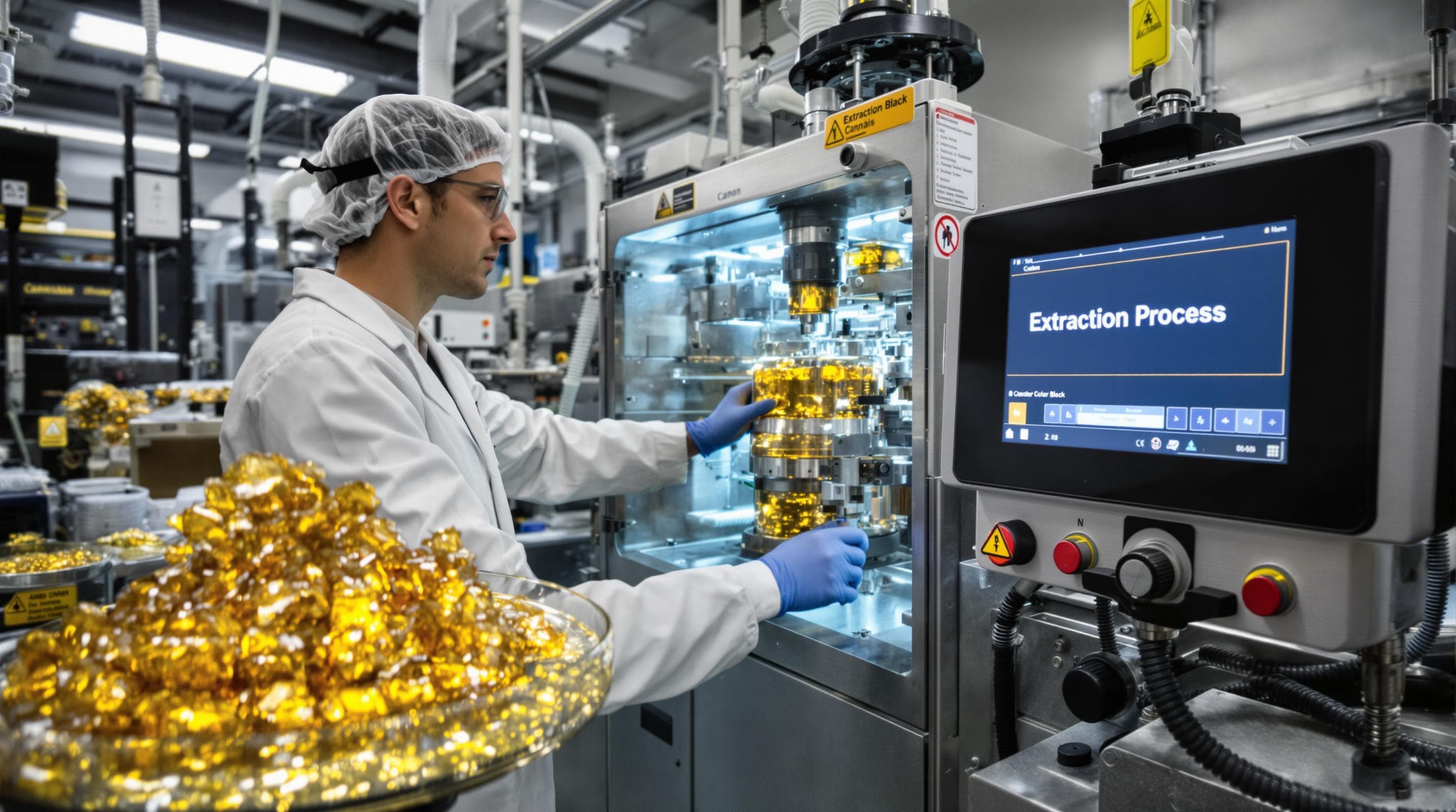 Technician operating cannabis extraction lab with shatter on display