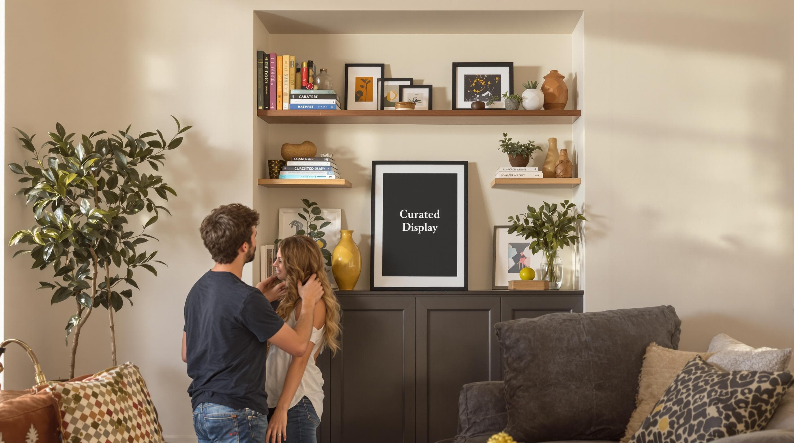 Friends arranging decorative items on living room alcove shelves marked 'Curated Display'