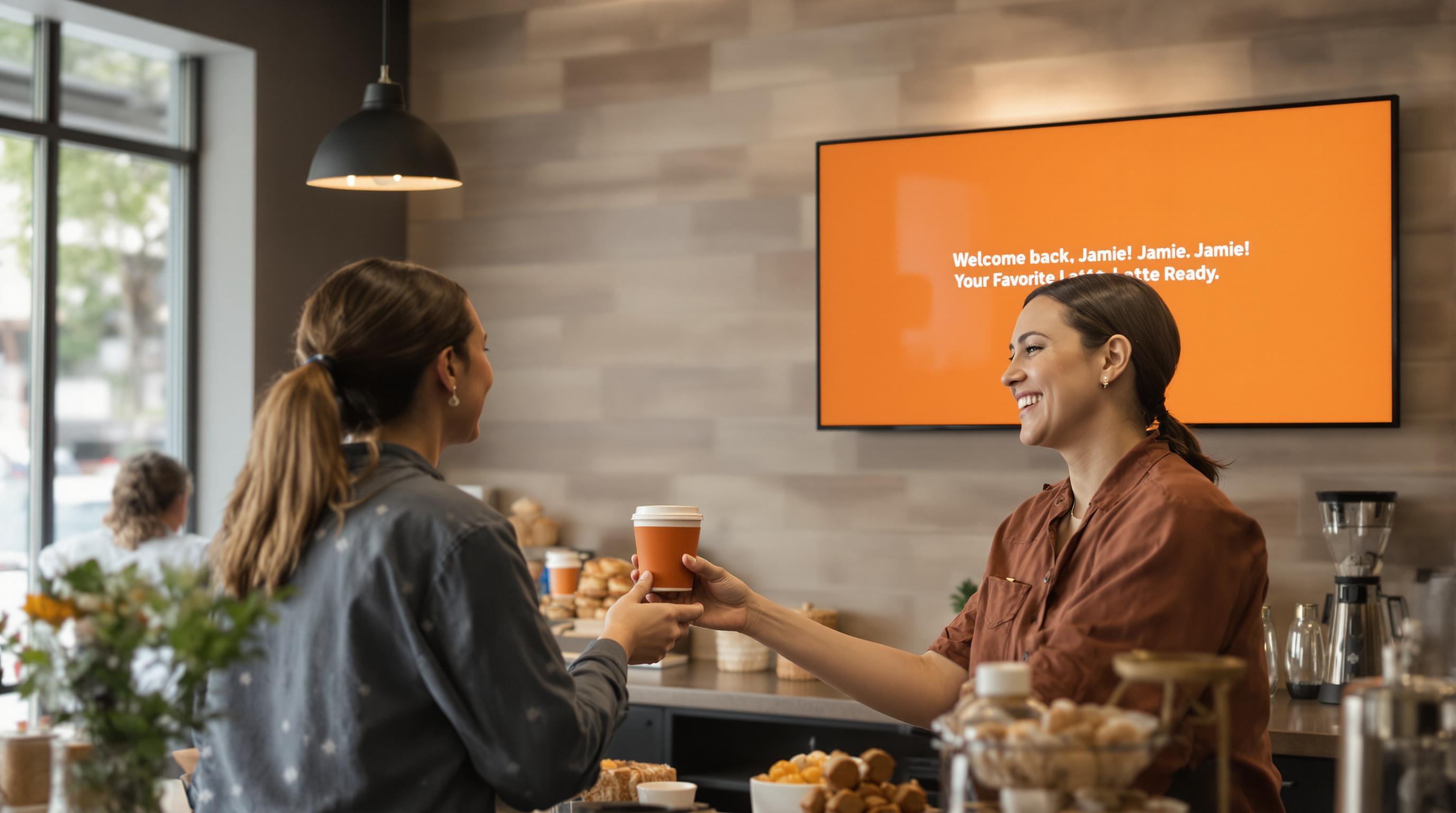 Barista gives regular customer custom drink with digital 'Personalized Experience' overlay