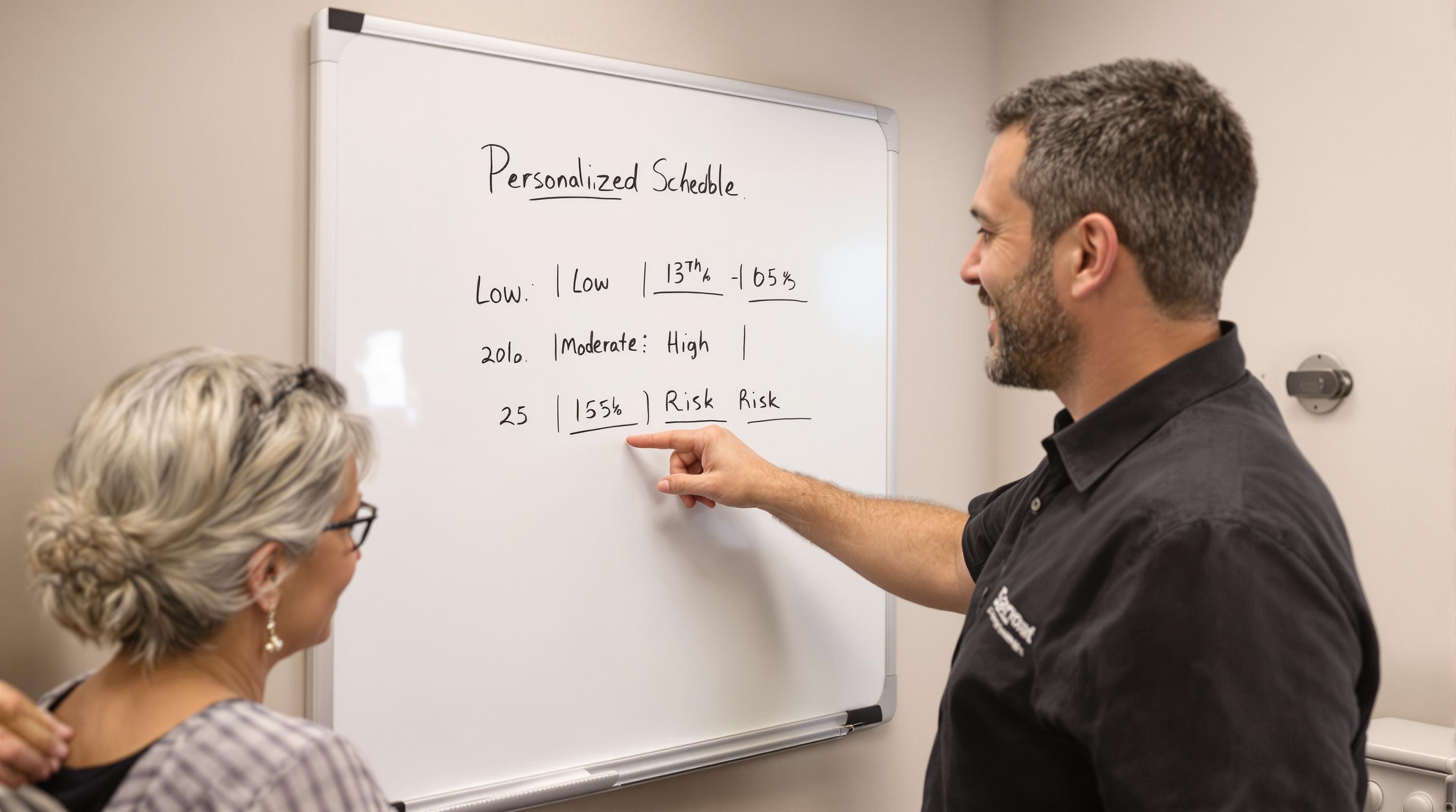 Dental hygienist explains risk-based cleaning schedule to patient in clinic room