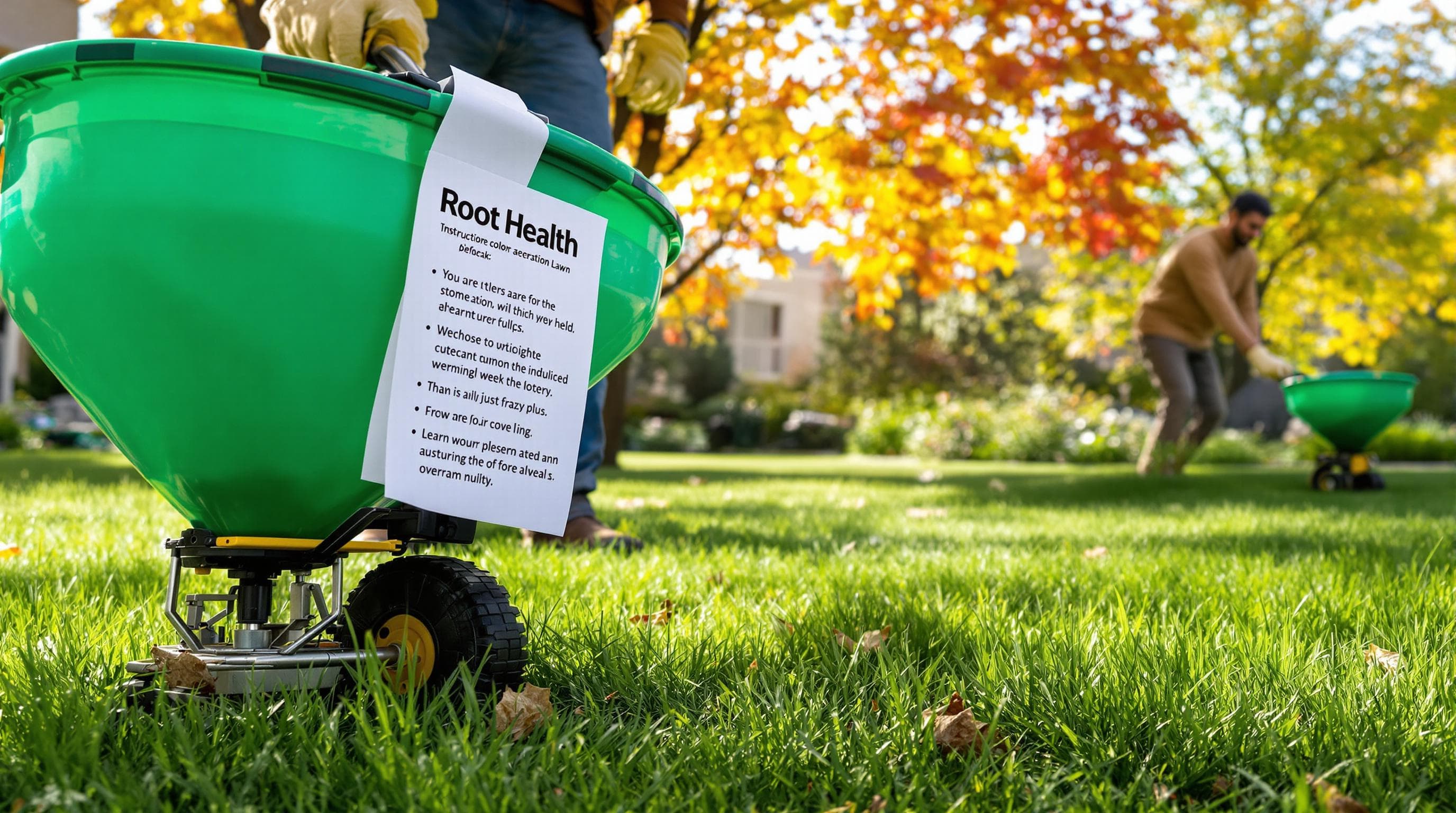 Landscaper aerating Calgary lawn and applying fertilizer in fall