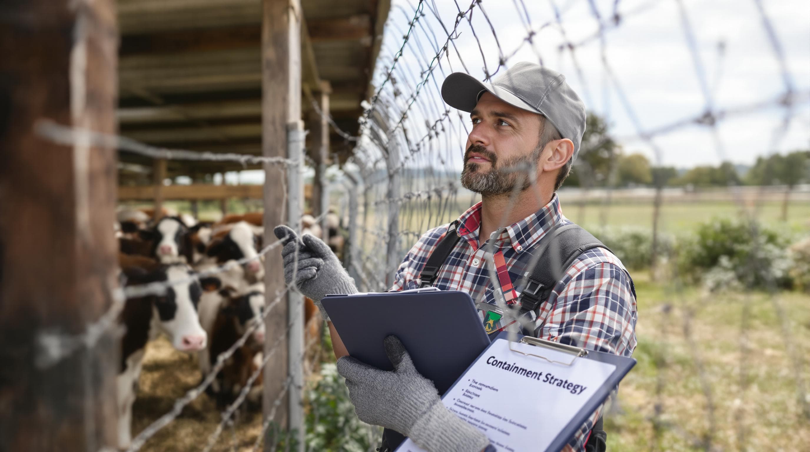 Farmer testing electric fence near livestock and traditional fences